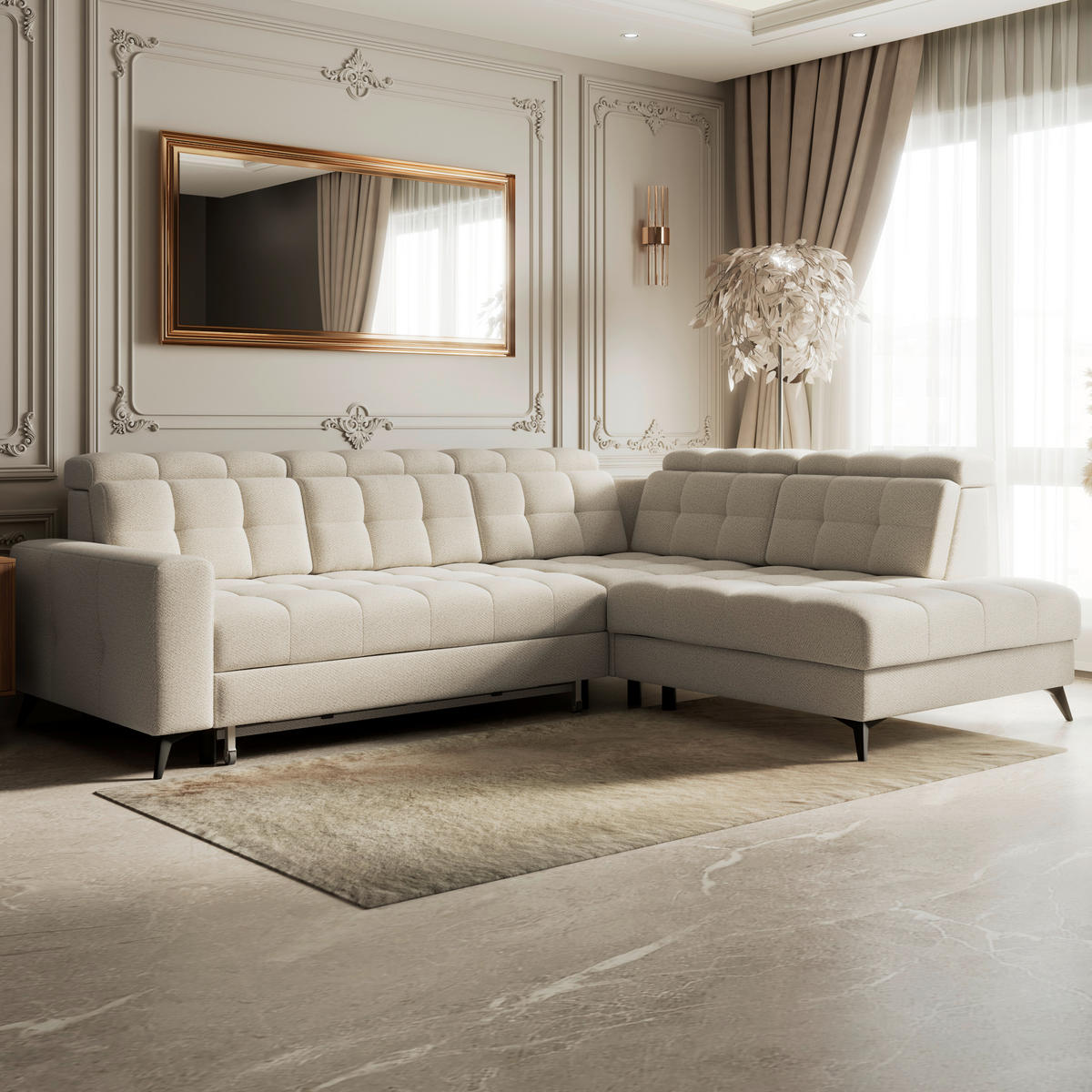 ECKSOFA BARLETTA NEW Creme Velours Bettkasten, Kopfteilverstellung, Sitztiefenverstellung, Liegefläche im Originalstoff  - Creme/Schwarz, ROMANTIK / LANDHAUS, Textil/Metall (289/228cm) - MID.YOU