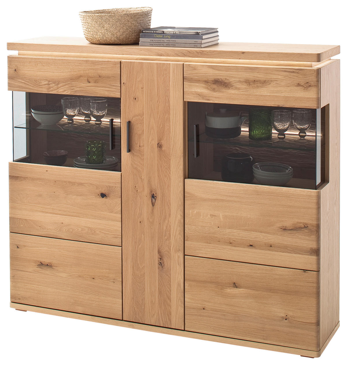 HIGHBOARD ohne Beleuchtung, Barcelona  in 150/128/37 cm  - Eichefarben/Grau, Design, Glas/Holz (150/128/37cm) - Livetastic
