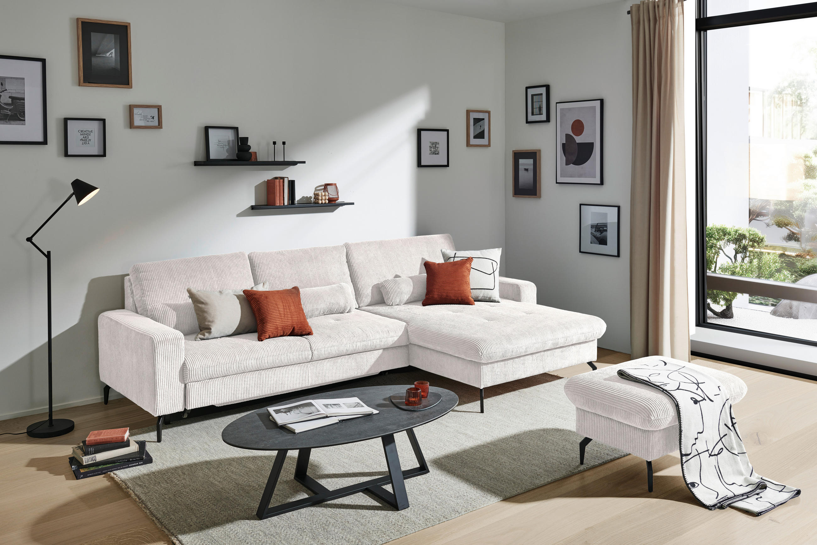 ECKSOFA in Cord Hellgrau  - Hellgrau/Schwarz, Design, Textil/Metall (302/180cm) - Venda