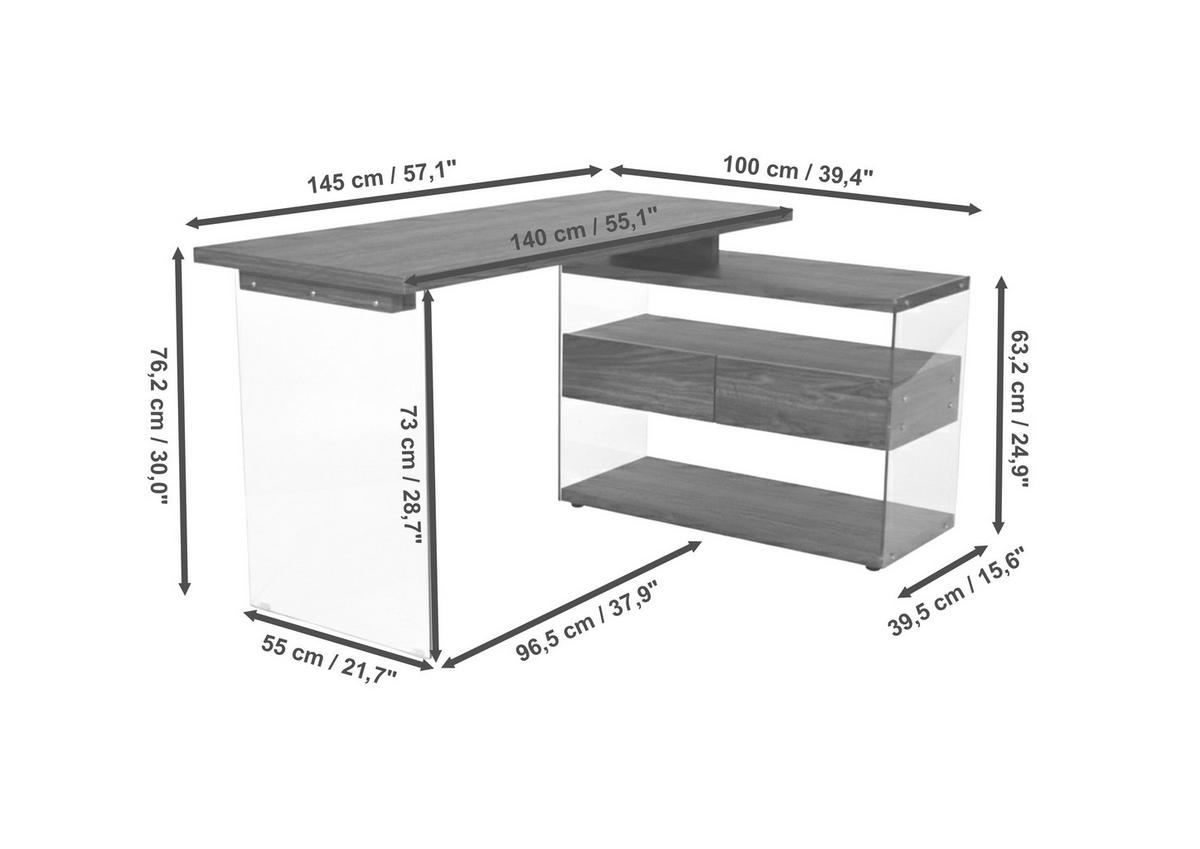 ECKSCHREIBTISCH 145/100/76 cm Walnussfarben Stauraum, seitenverkehrt montierbar  - Eichefarben/Walnussfarben, Design, Glas/Holzwerkstoff (145/100/76cm) - MID.YOU