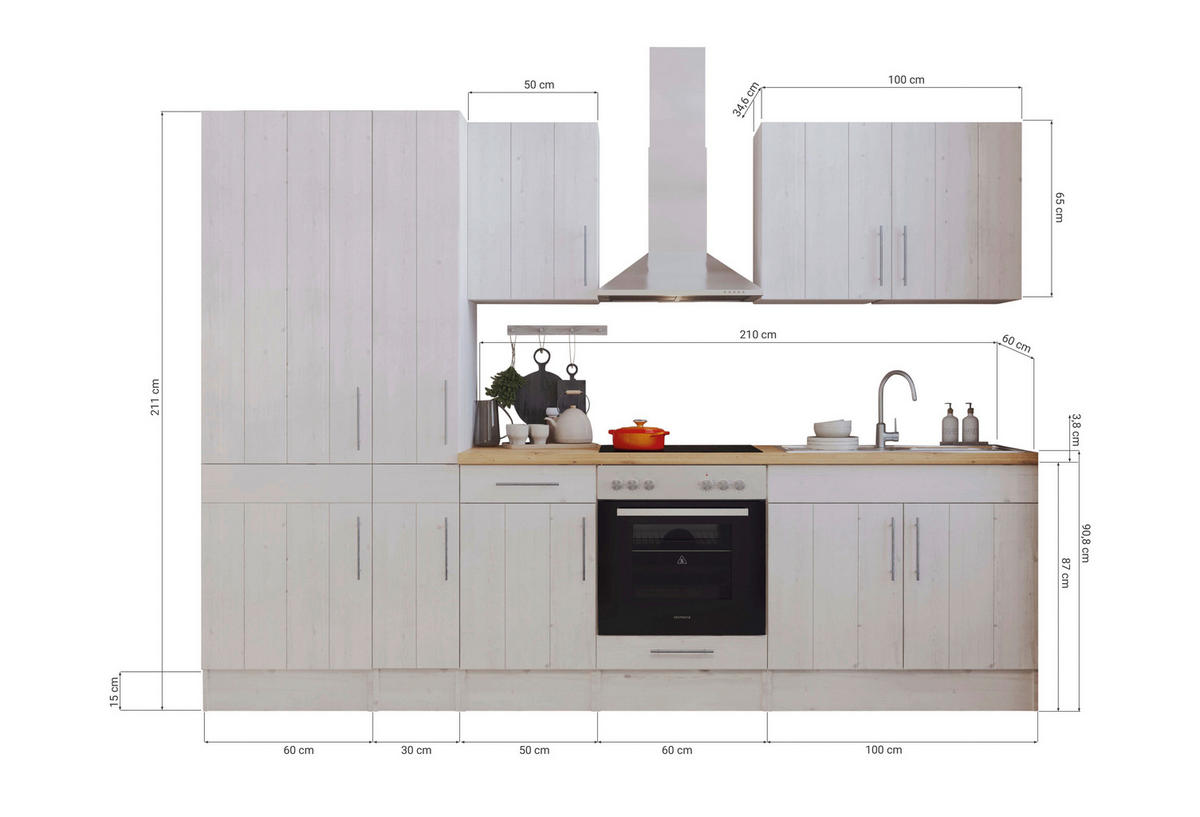KÜCHENBLOCK 300 cm   in Weiß, Lärchefarben  - Wildeiche/Edelstahlfarben, ROMANTIK / LANDHAUS, Holzwerkstoff/Metall (300cm) - Respekta