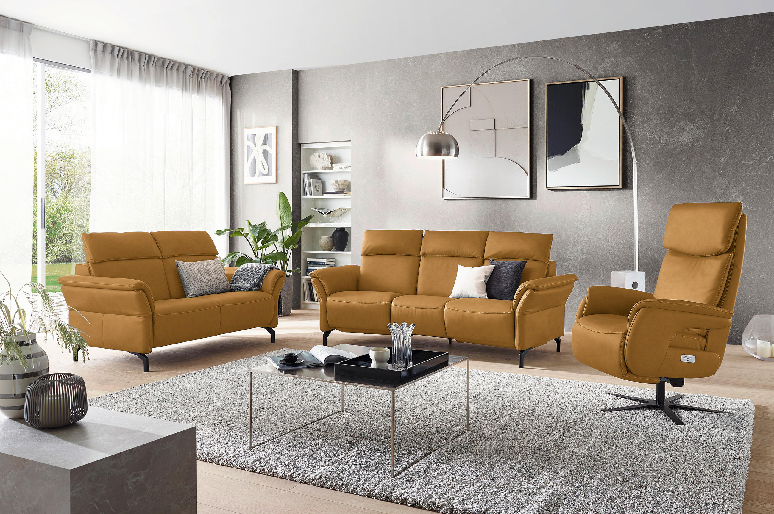 TRAPEZSOFA Echtleder Currygelb  - Currygelb/Schwarz, KONVENTIONELL, Leder/Metall (221/103/95cm) - Dieter Knoll