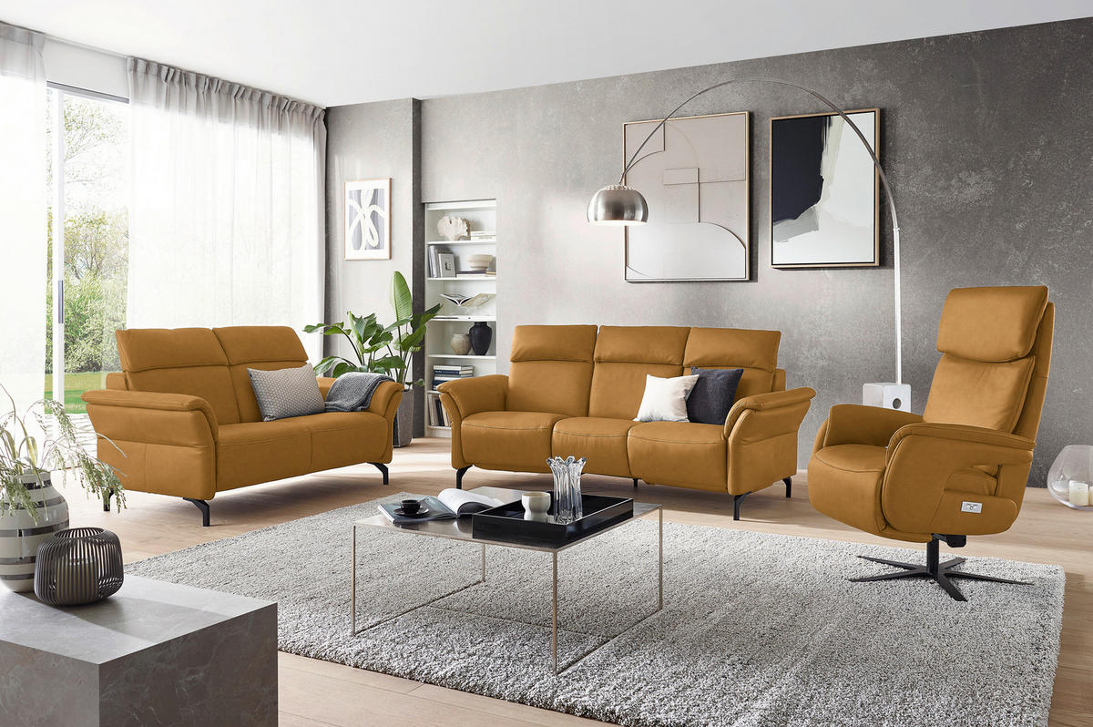 TRAPEZSOFA Echtleder Currygelb  - Currygelb/Schwarz, KONVENTIONELL, Leder/Metall (221/103/95cm) - Dieter Knoll