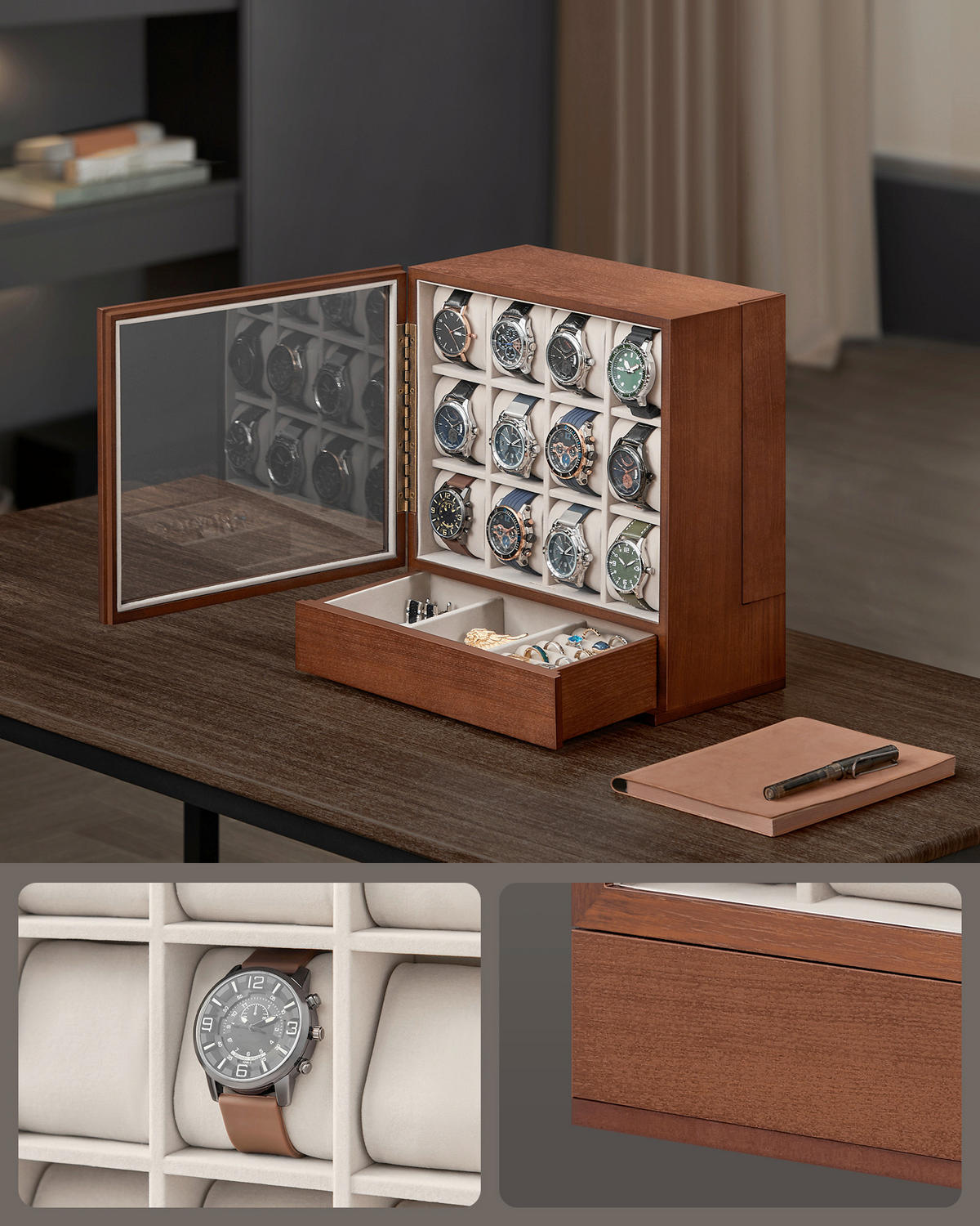 UHRENBOX - Nussbaumfarben, Trend, Holzwerkstoff/Textil (29.5/32.5/15cm) - Boxxx