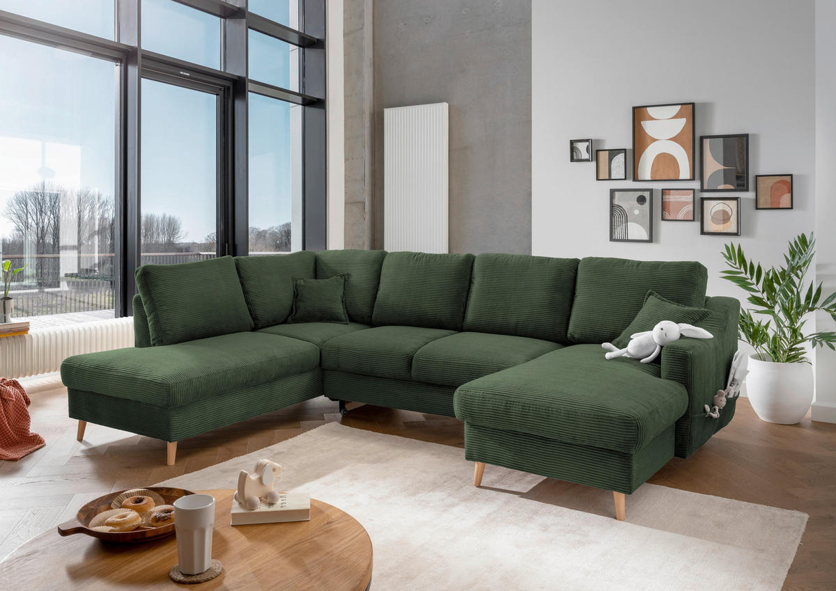 WOHNLANDSCHAFT in Cord Dunkelgrün  - Dunkelgrün/Naturfarben, Konventionell, Holz/Textil (200/301/150cm) - P & B
