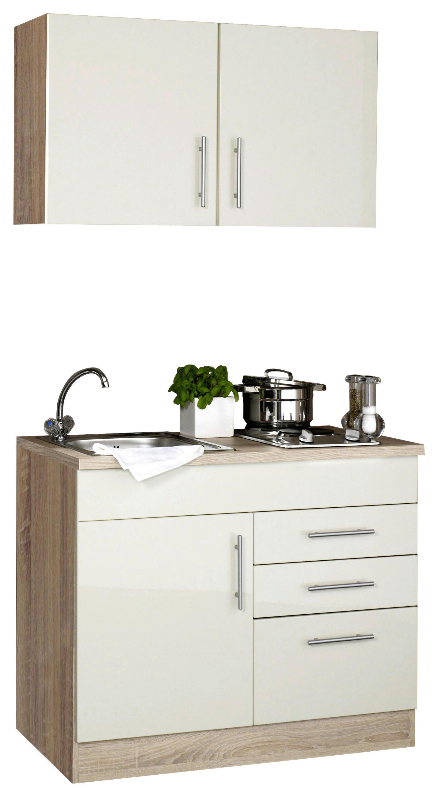 MINIKÜCHE 100 cm   in Creme  - Chromfarben/Eichefarben, MODERN, Holzwerkstoff/Metall (100cm) - Held