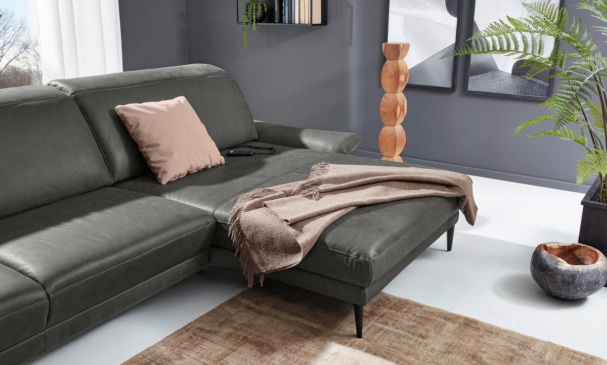 ECKSOFA MR 1350 Dunkelgrau Echtleder  - Dunkelgrau/Schwarz, Design, Leder/Metall (312/193cm) - Musterring