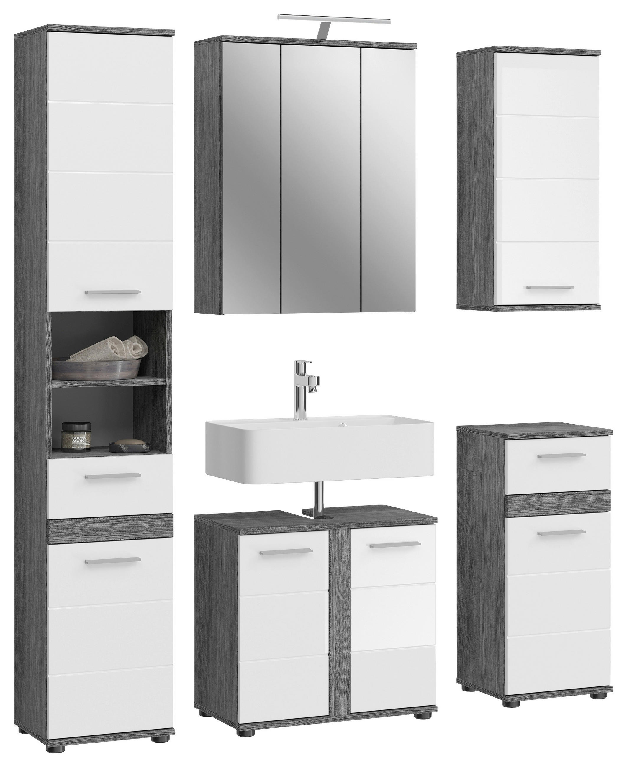 BADEZIMMER 5-teilig in 150 cm - Weiß Hochglanz/Silberfarben, MODERN, Glas/Holzwerkstoff (150cm) - MID.YOU