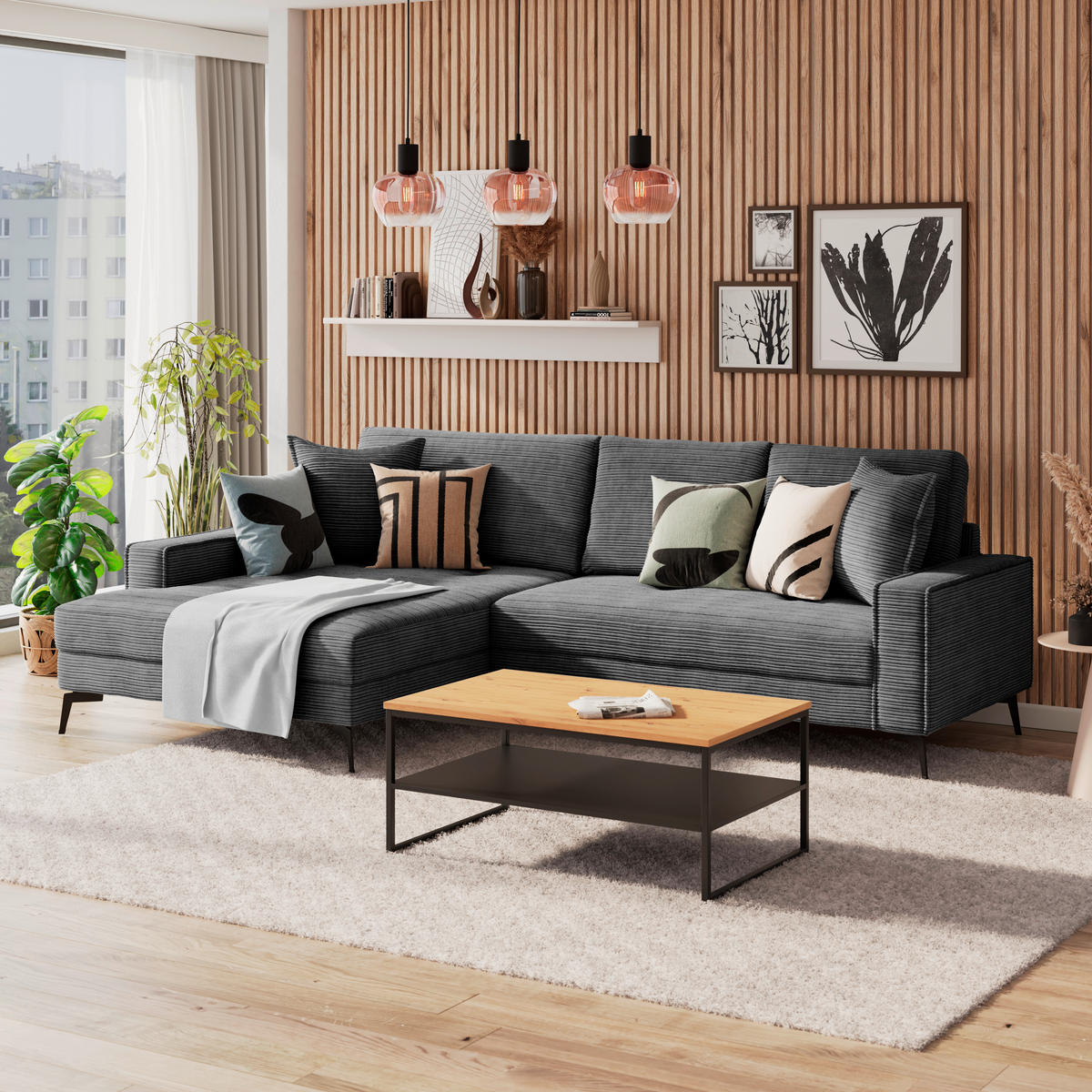 ECKSOFA ZERO Schwarz Cord Zierkissen, Rückenkissen  - Schwarz, Trend, Textil/Metall (173/286cm) - Livetastic