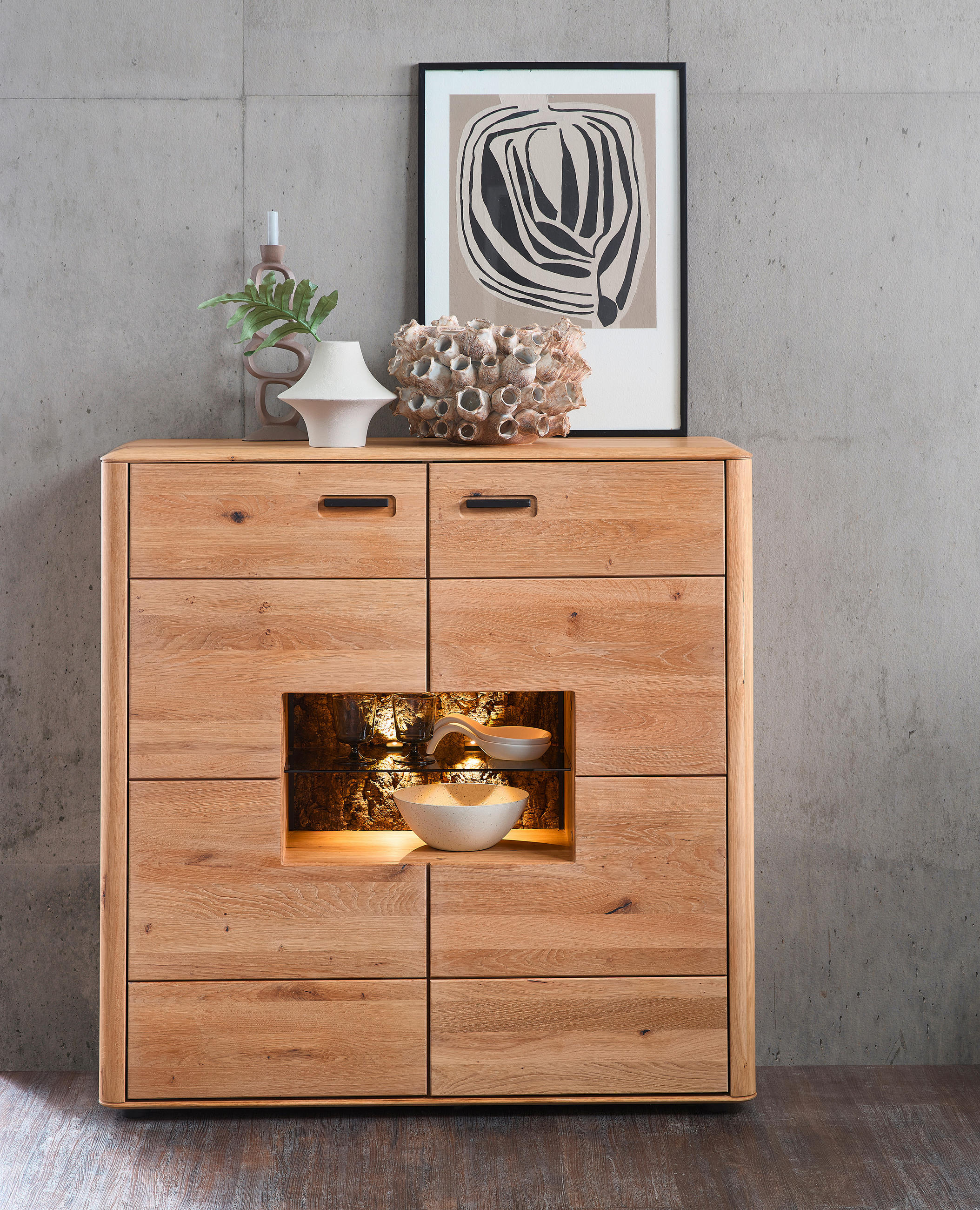 HIGHBOARD  in 120/122/39 cm  - Wildeiche/Schwarz, Basics, Glas/Holz (120/122/39cm) - Livetastic