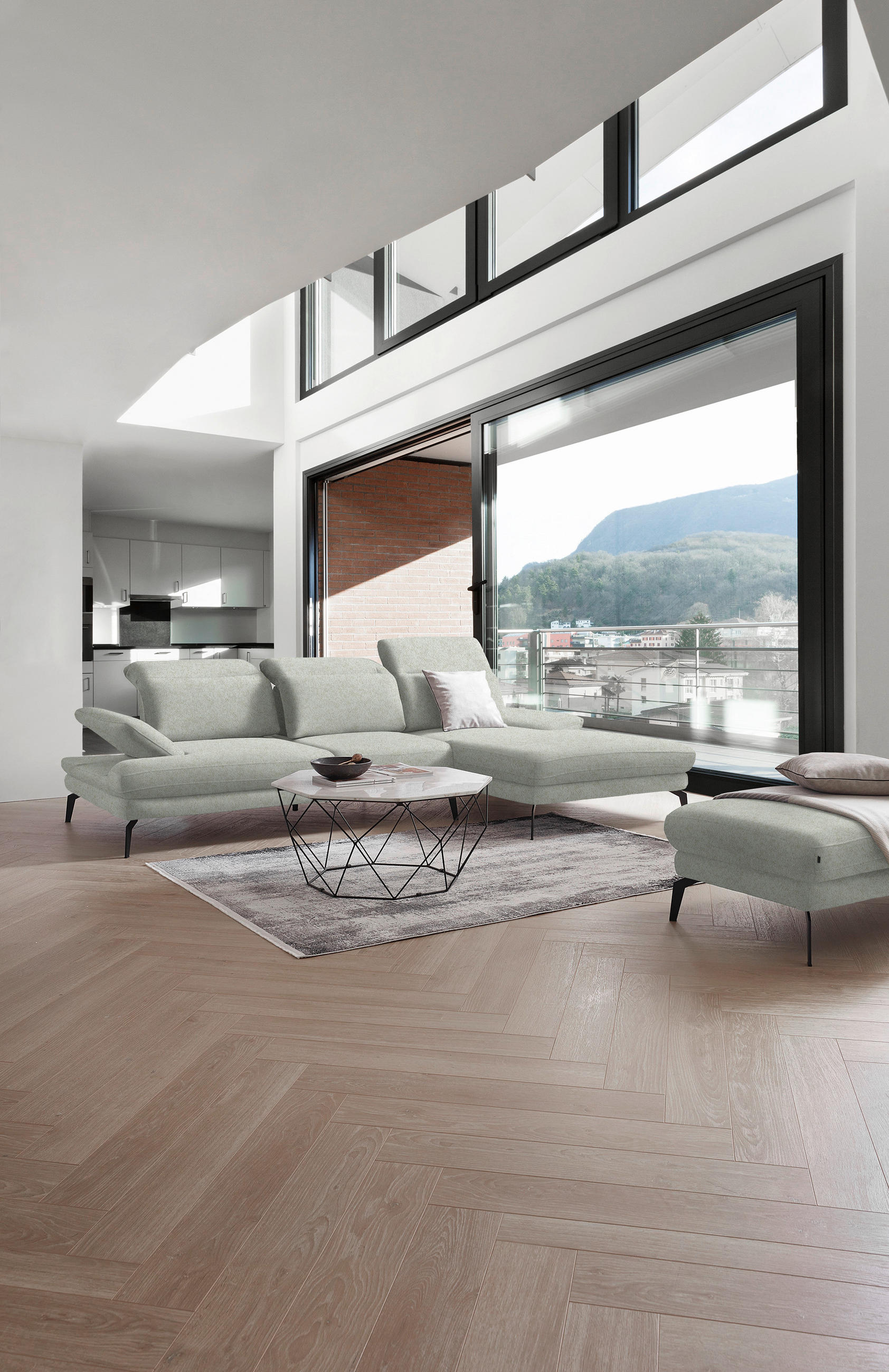 ECKSOFA Creme Webstoff  - Creme/Schwarz, Design, Textil/Metall (289/180cm) - Stylife
