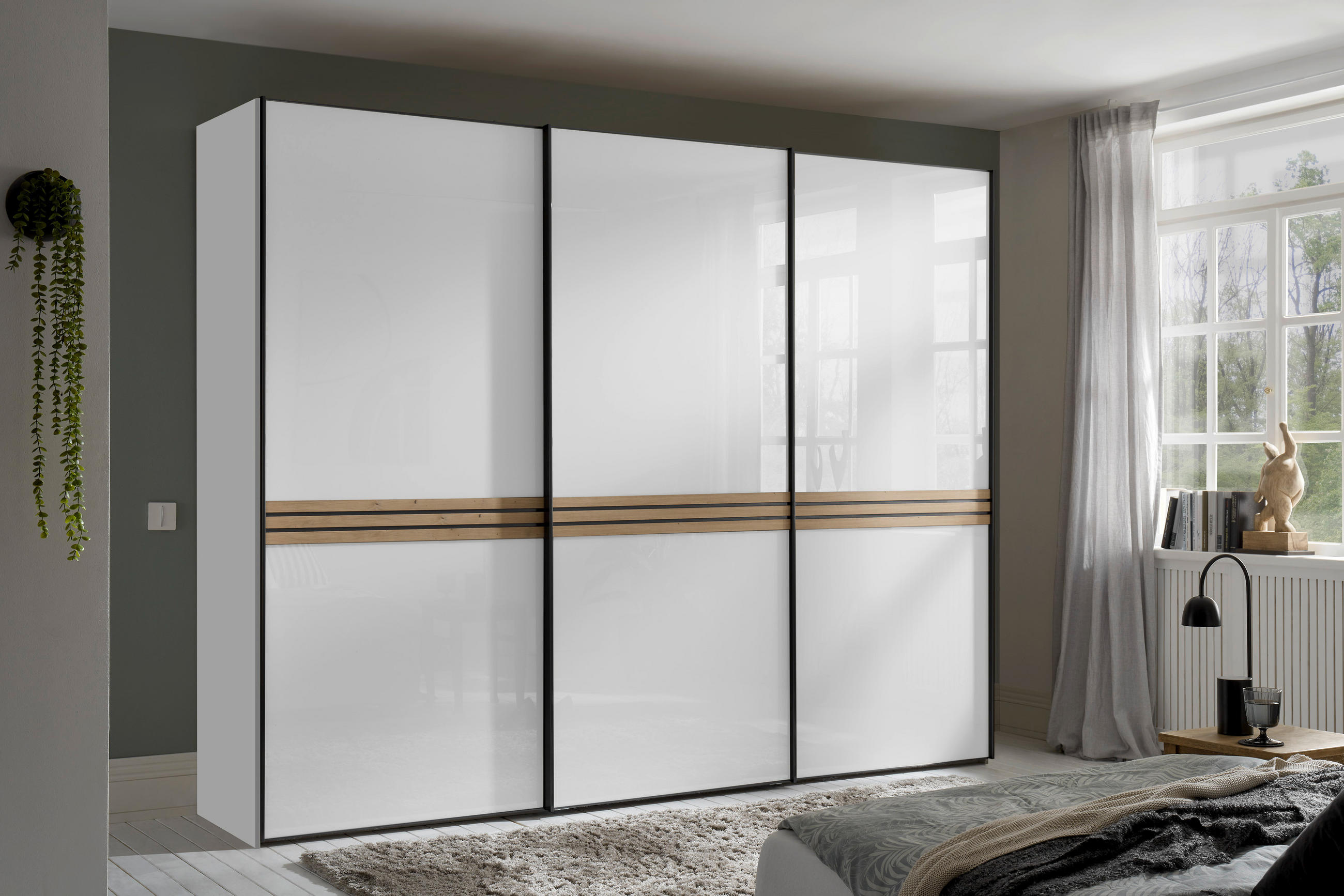 SCHWEBETÜRENSCHRANK 298/222/68 cm 3-türig Weiß, Eiche Artisan  - Graphitfarben/Weiß, Design, Glas/Holzwerkstoff (298/222/68cm) - Moderano