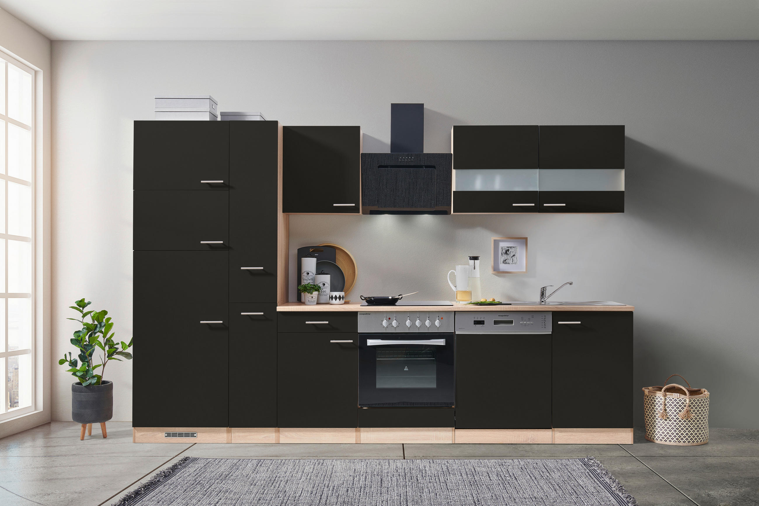 KÜCHENBLOCK 310 cm   in Schwarz, Eichefarben  - Eichefarben/Schwarz, Basics, Holzwerkstoff (310cm) - Respekta