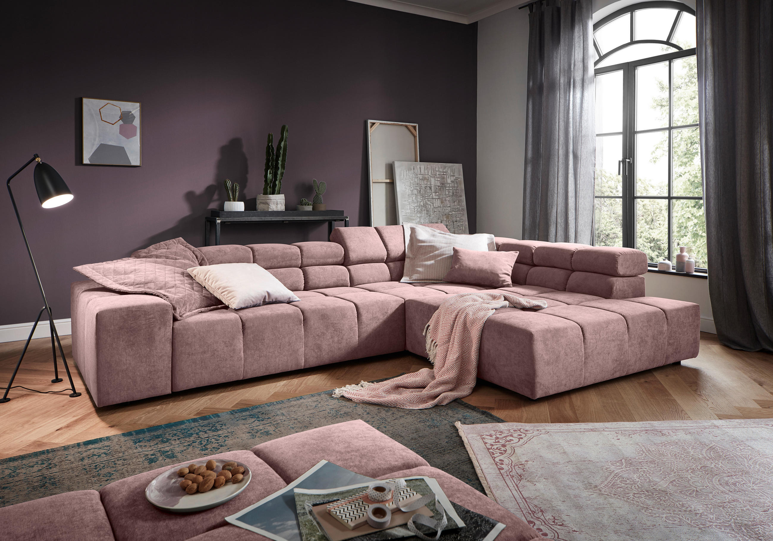 ECKSOFA in Velours Rosa  - Schwarz/Rosa, Design, Kunststoff/Textil (317/213cm) - Hom`in