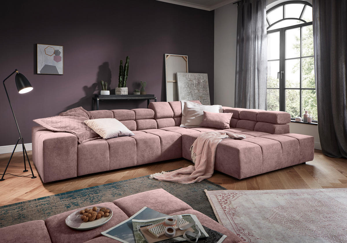 ECKSOFA in Velours Rosa  - Schwarz/Rosa, Design, Kunststoff/Textil (317/213cm) - Hom`in