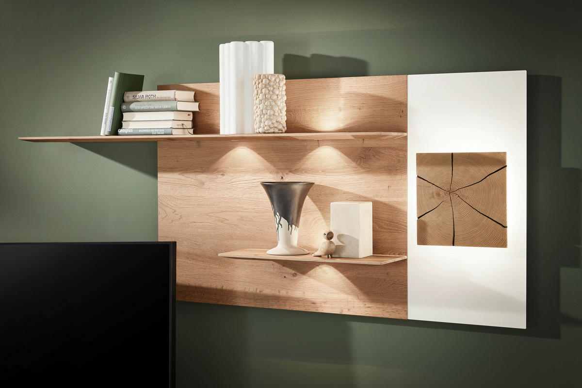 WOHNWAND  in Weiss, Eichefarben 271/196/49 cm  - Weiss/Eichefarben, Design, Glas/Holz (271/196/49cm) - Valnatura