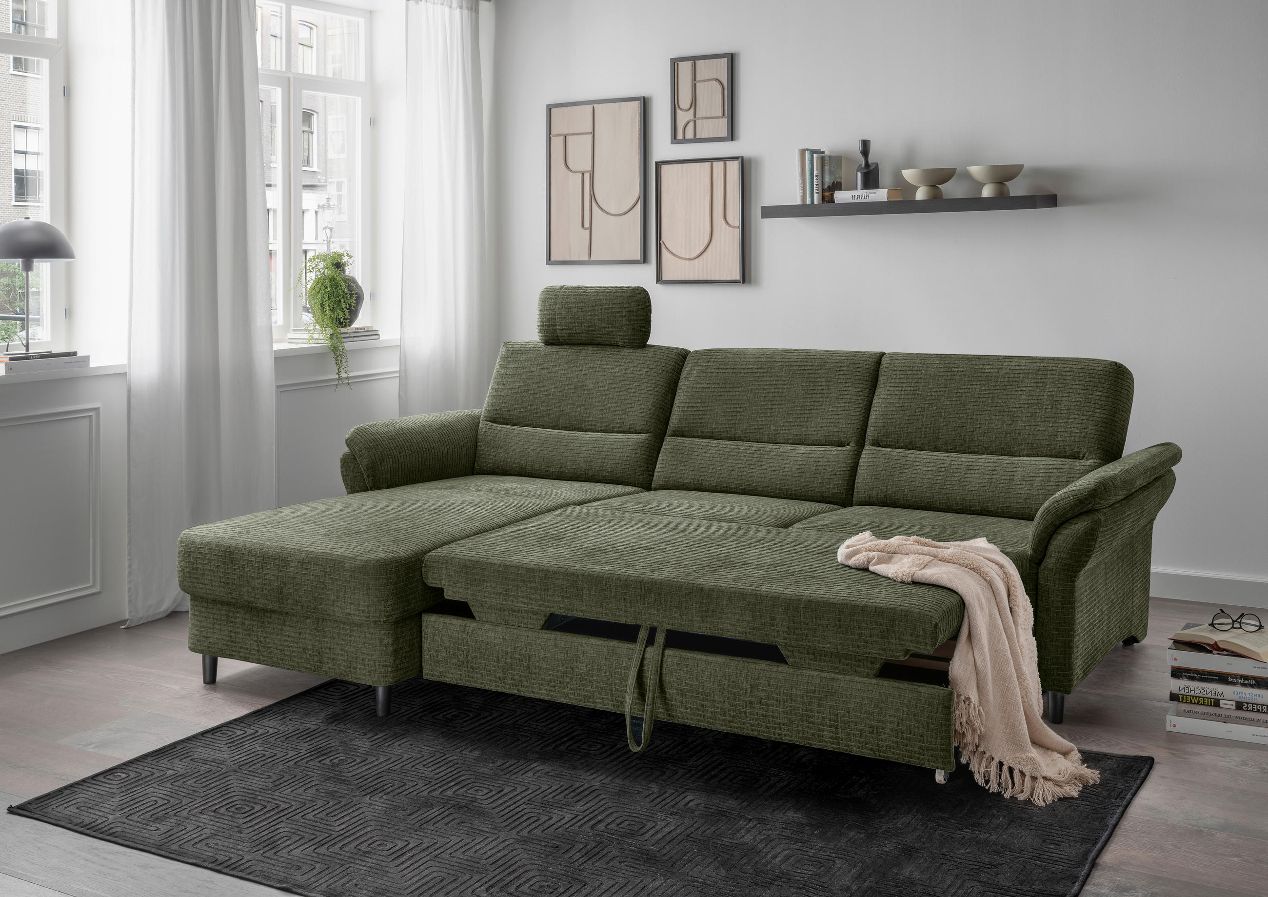ECKSOFA in Mikrofaser Olivgrün  - Schwarz/Olivgrün, Modern, Holz/Textil (176/279cm) - Livetastic