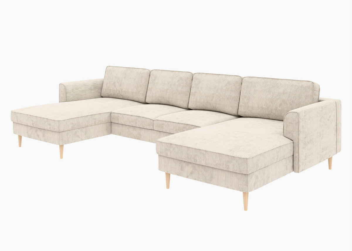 WOHNLANDSCHAFT Creme Cord  - Buchefarben/Creme, MODERN, Holz/Textil (161/306/161cm) - Trendmanufaktur