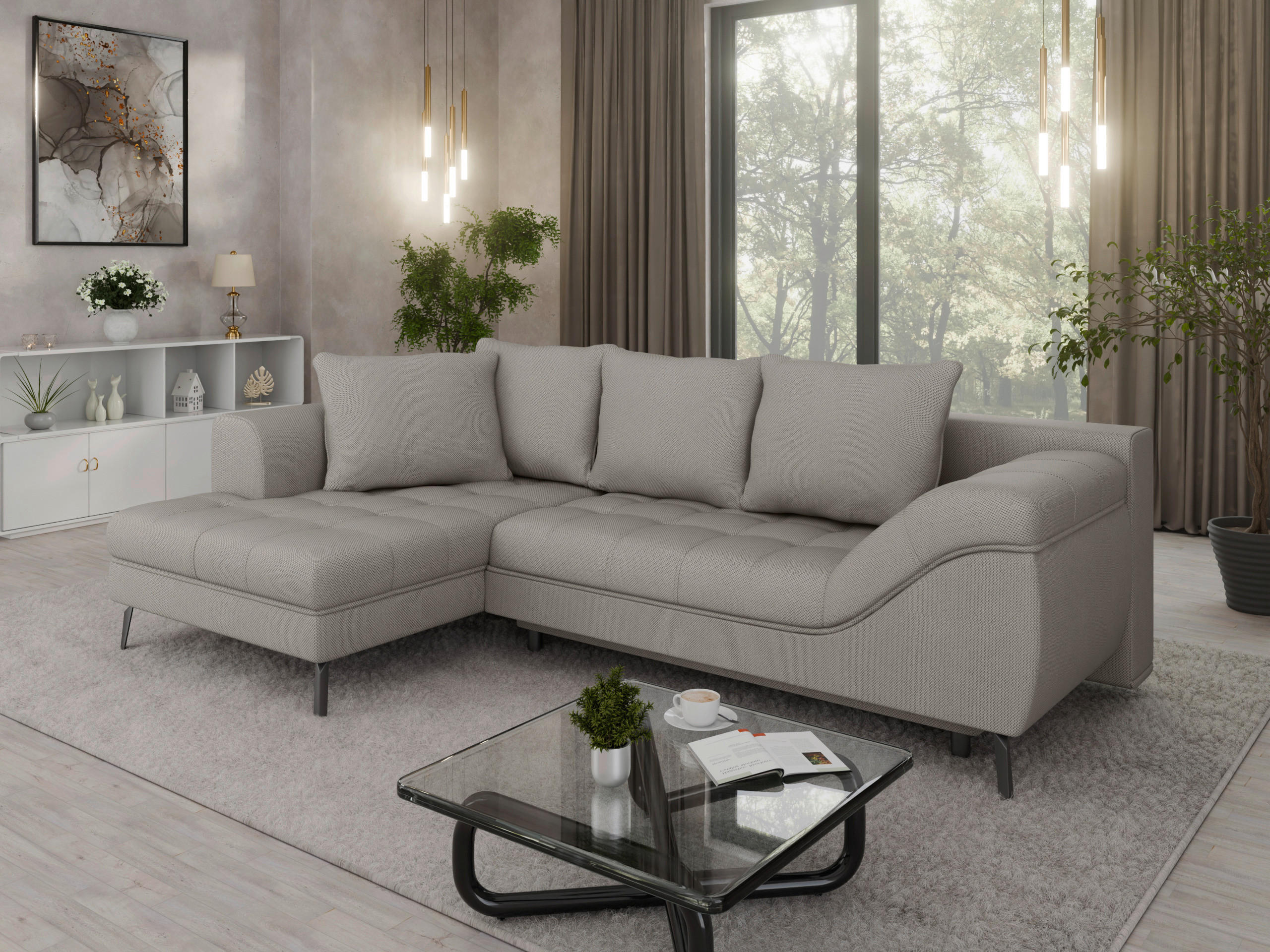Ecksofa inkl. Funktionen Graubraun Webstoff  - Graubraun/Schwarz, MODERN, Textil/Metall (177/279cm) - Stylife