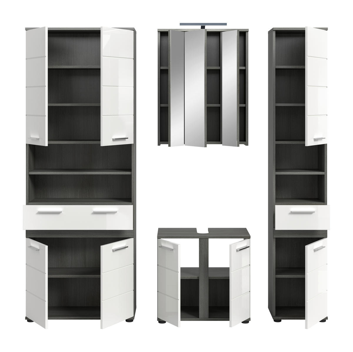 BADEZIMMER 5-teilig  in 195 cm  - Weiß Hochglanz/Silberfarben, Trend, Glas/Holzwerkstoff (195cm) - MID.YOU