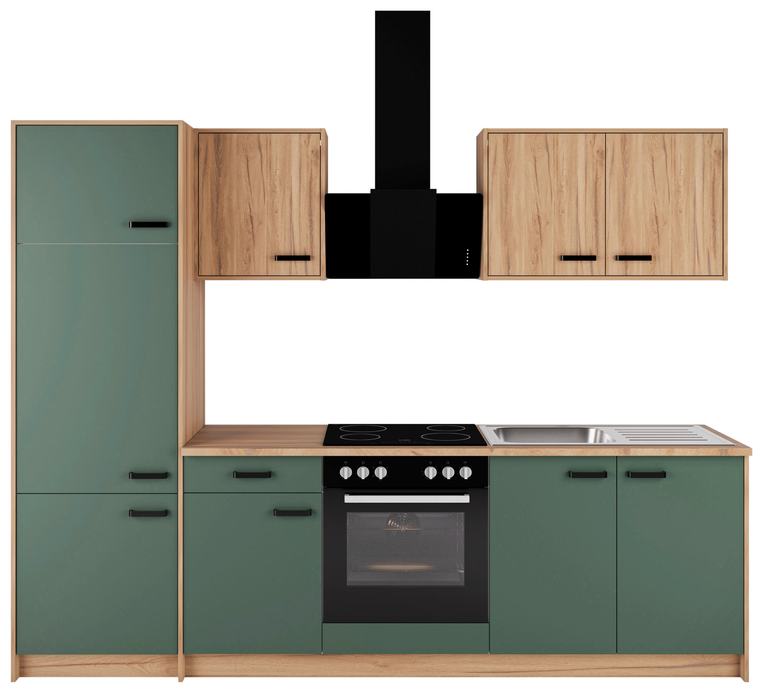 BUCĂTĂRIE FĂRĂ ELECTROCASNICE 264,5/202/60 cm  - verde închis/culoare lemn stejar, Basics, metal/material pe bază de lemn (264,5/202/60cm)