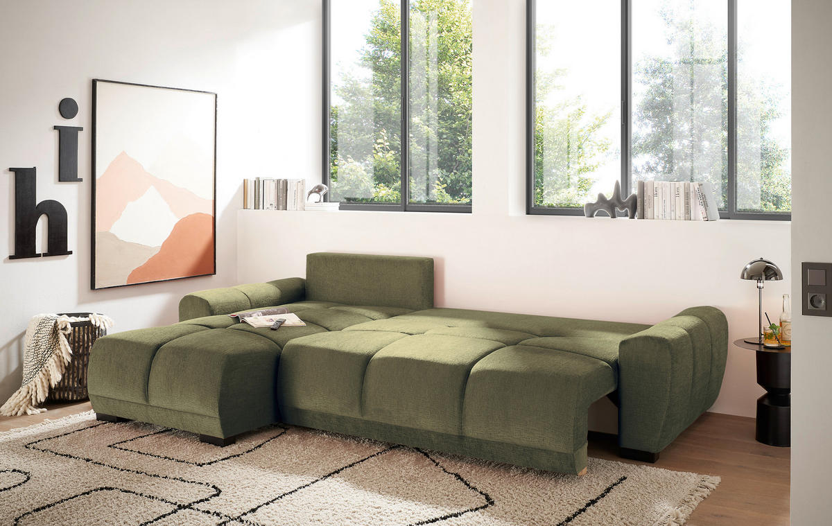 HÖRNBÄDDSOFFA 3-sits i chenille mörkgrön  - svart/mörkgrön, Basics, textil/plast (294/183cm) - Livetastic