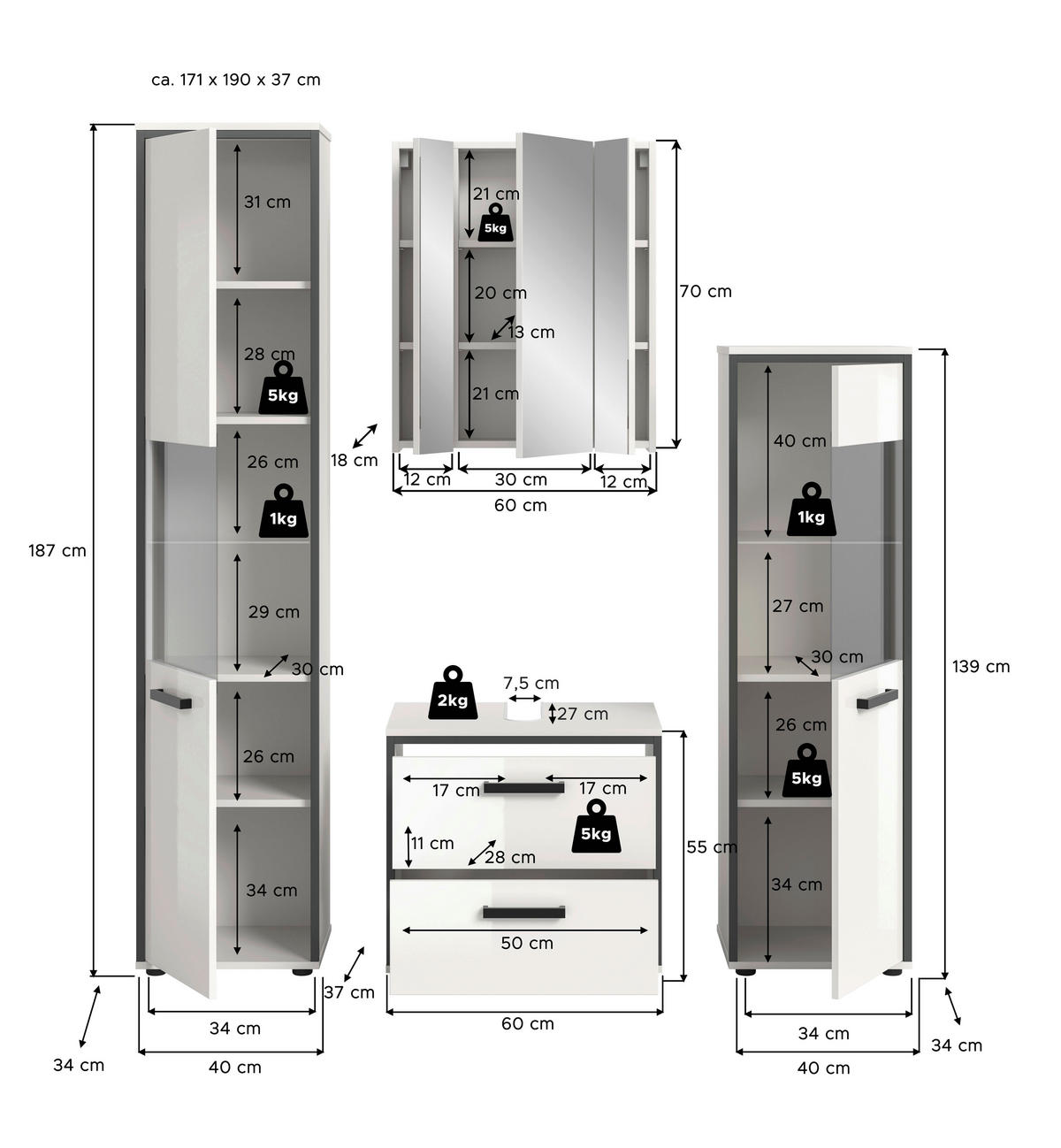 BADEZIMMER  in 140 cm  - Weiß Hochglanz/Schwarz, MODERN, Holzwerkstoff/Kunststoff (140cm) - MID.YOU