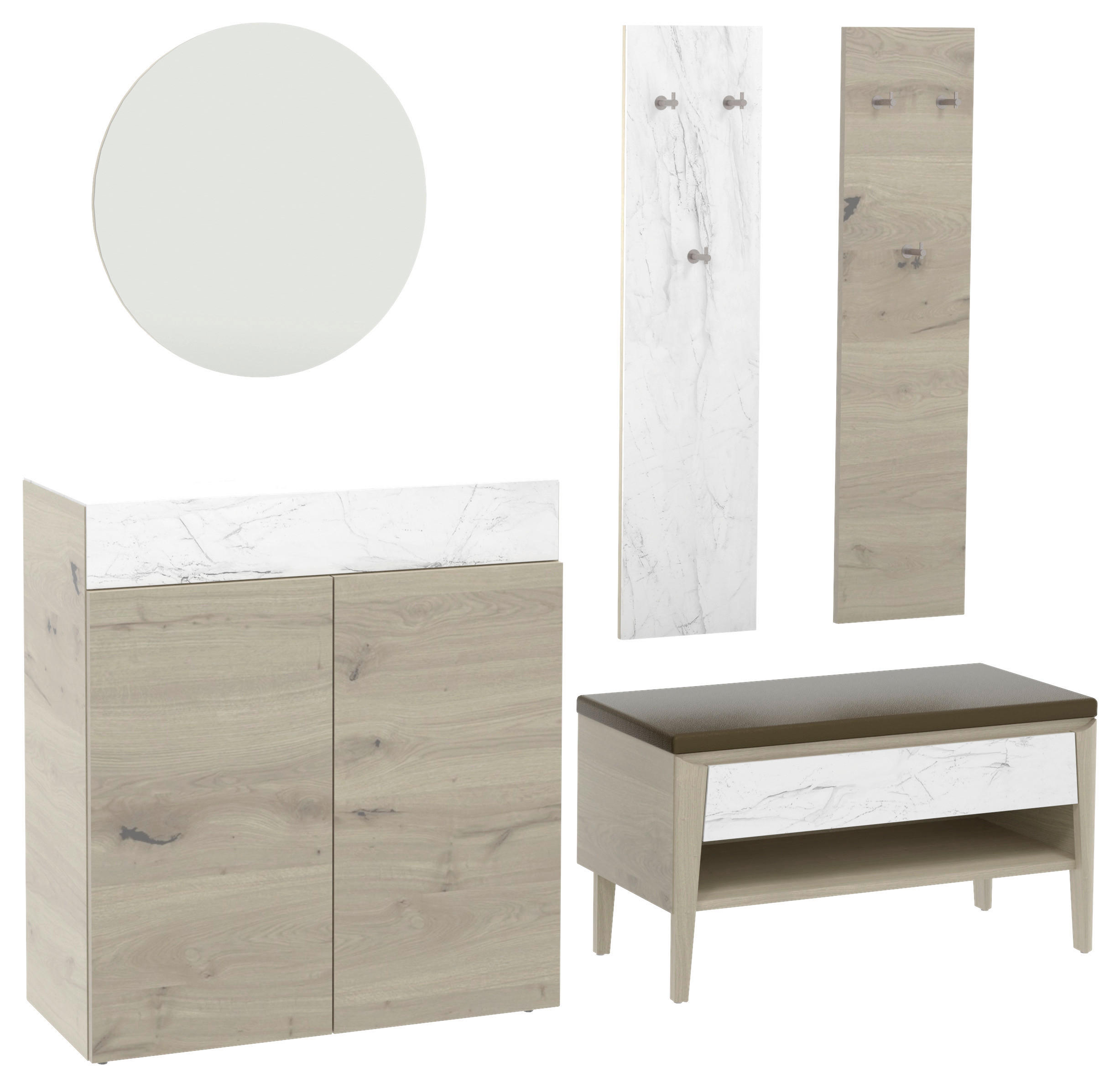 GARDEROBE 5-teilig  in 220/194/42,6 cm  - Eichefarben/Weiß, Natur, Glas/Leder (220/194/42,6cm) - Voglauer