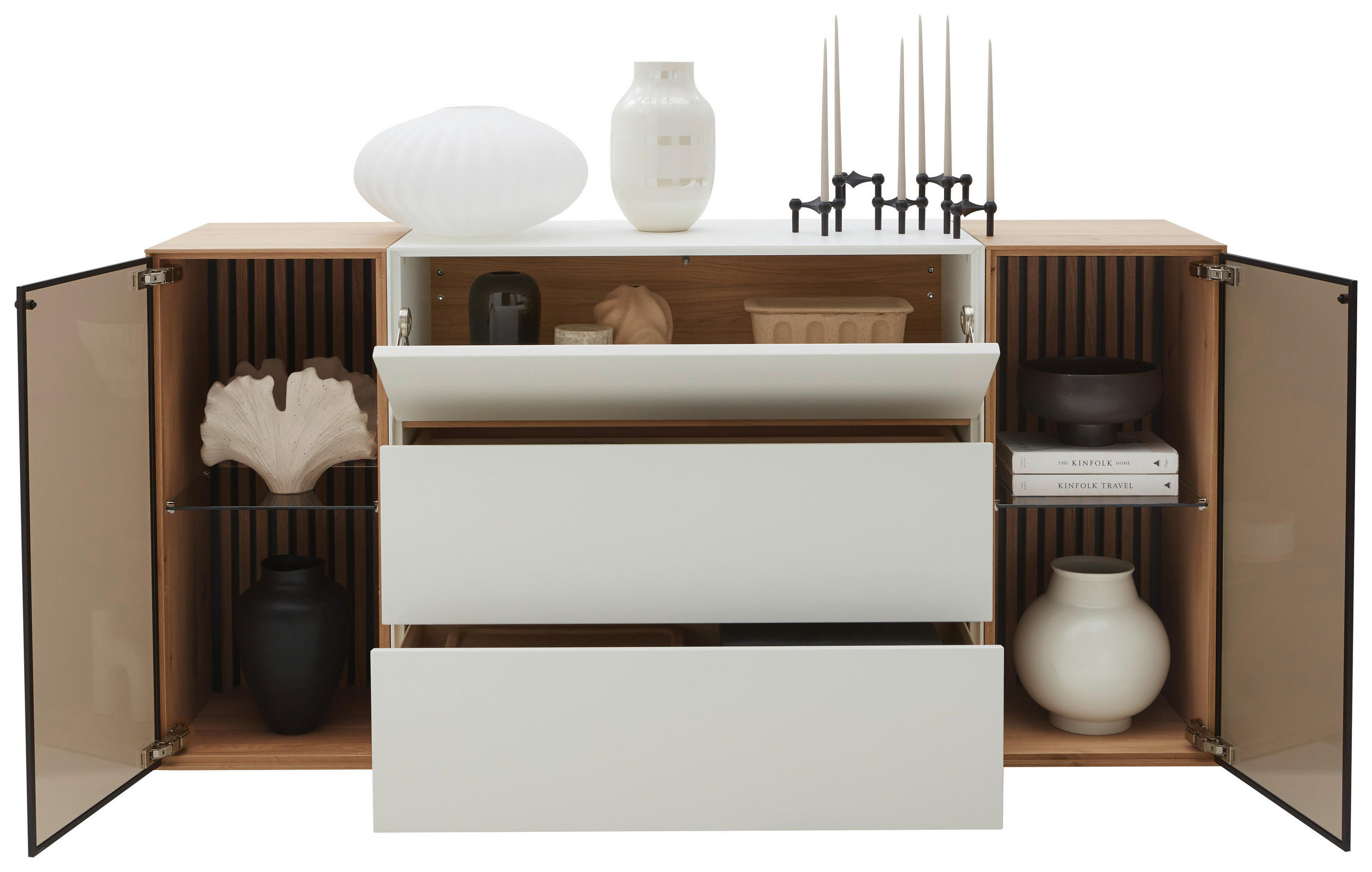 SIDEBOARD Weiss, Eichefarben  182/90/44 cm  - Weiss/Eichefarben, Design, Glas/Holz (182/90/44cm) - Johann Jakob