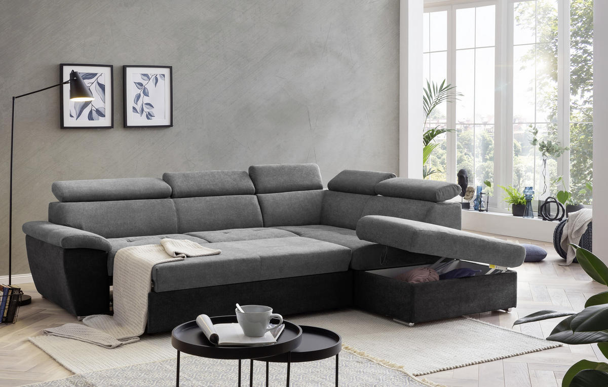 ECKSOFA in Mikrofaser Schwarz, Dunkelgrau  - Chromfarben/Dunkelgrau, Design, Textil/Metall (262/216cm) - Livetastic