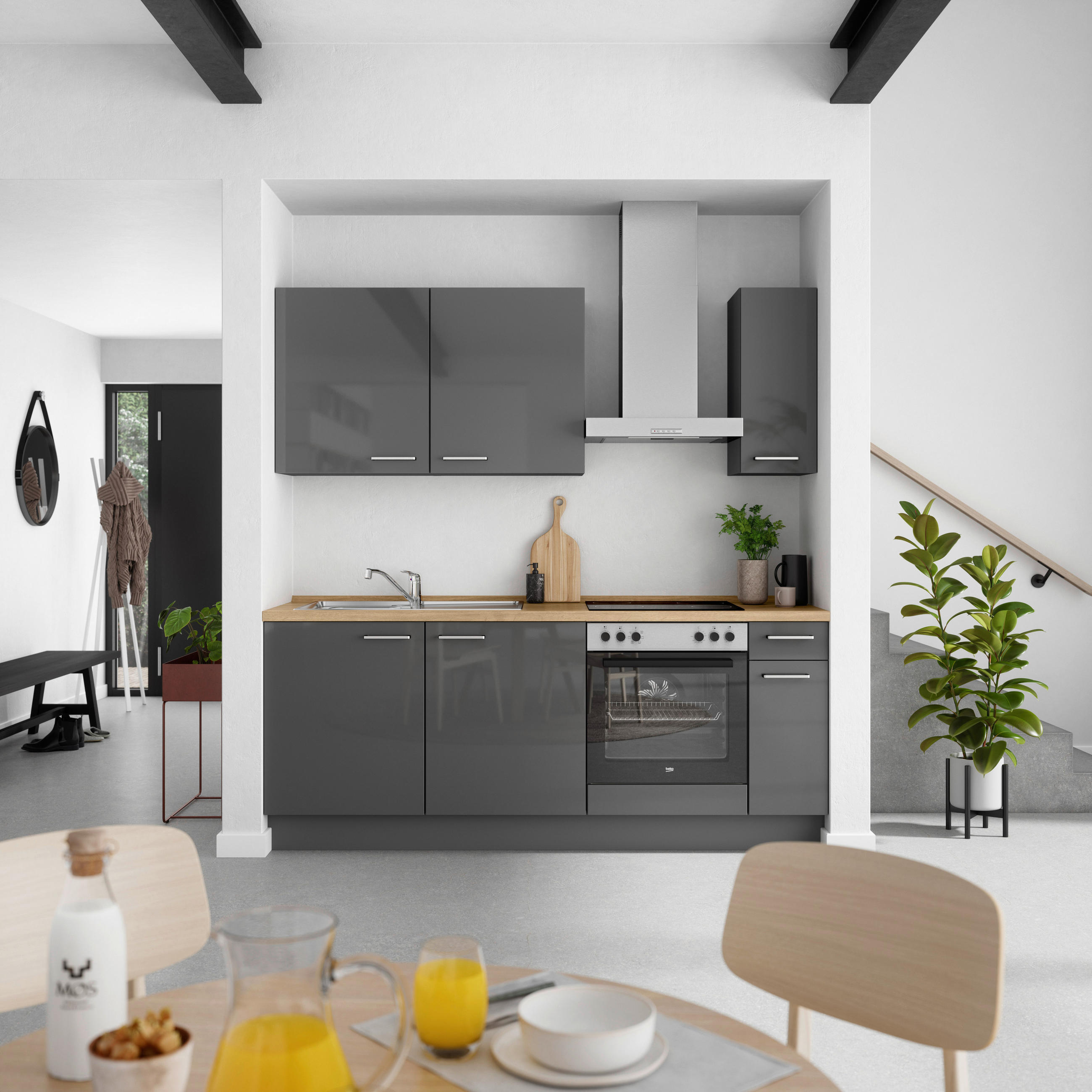 KÜCHENBLOCK Flash 210 cm  in Eichefarben, Schieferfarben  - Schieferfarben/Edelstahlfarben, MODERN, Holzwerkstoff/Metall (210cm) - Nobilia