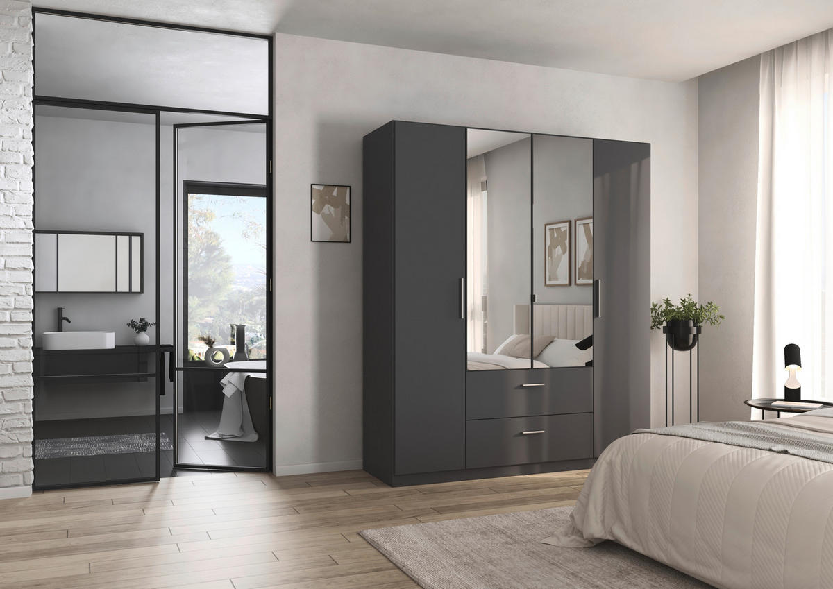 DREHTÜRENSCHRANK 181/210/54 cm,  in Dunkelgrau, 4-türig  - Dunkelgrau/Alufarben, KONVENTIONELL, Glas/Holzwerkstoff (181/210/54cm) - home24