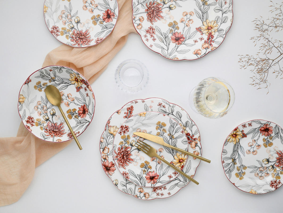 TAFELSERVICE Fiore 12-teilig  - Bordeaux/Weiß, Basics, Keramik - Creatable