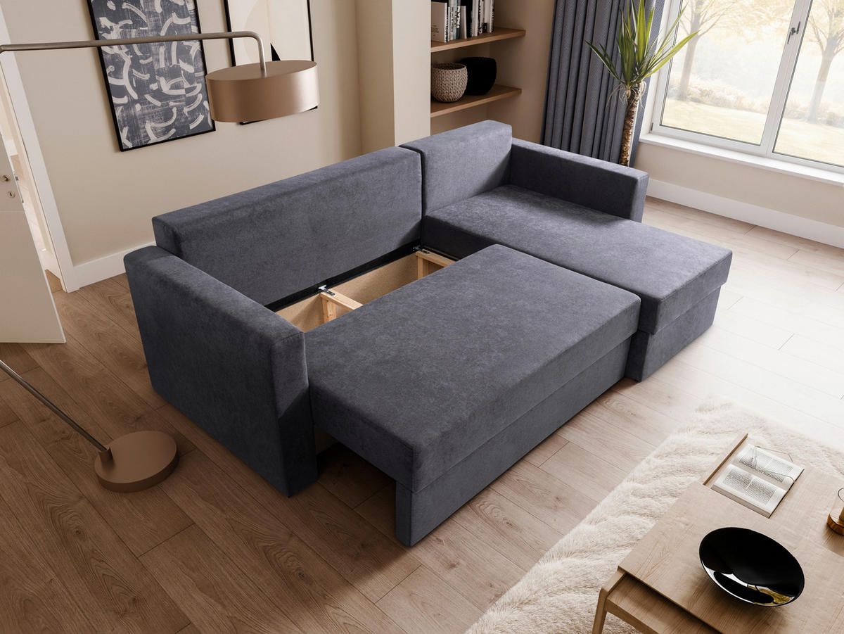 ECKSCHLAFSOFA Flachgewebe Anthrazit  inkl. Rückenkissen, Bettkasten, Schlaffunktion, Rücken echt, Liegefläche im Originalstoff  - Anthrazit/Schwarz, MODERN, Kunststoff/Textil (231/148cm) - Carryhome