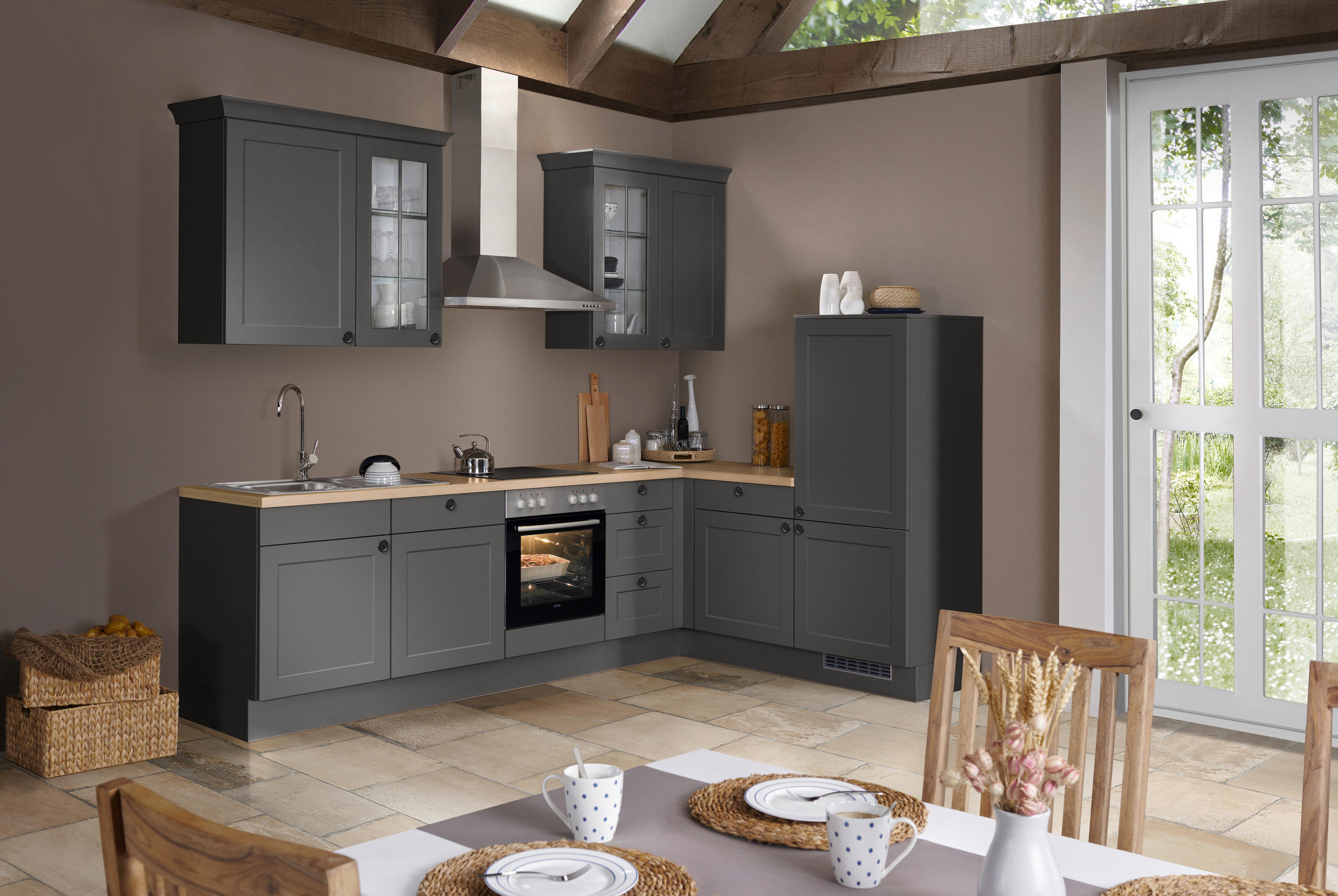 ECKKÜCHE 290,0/185,4 cm  in Graphitfarben  - Eichefarben/Schwarz, Basics, Glas/Holzwerkstoff (290,0/185,4cm) - Impuls