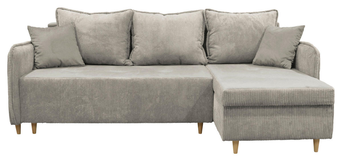 ECKSOFA TEDDY Grau Cord, Bouclé Zierkissen, Rückenkissen, Bettkasten  - Naturfarben/Grau, Design, Holz/Textil (215/142cm) - MID.YOU