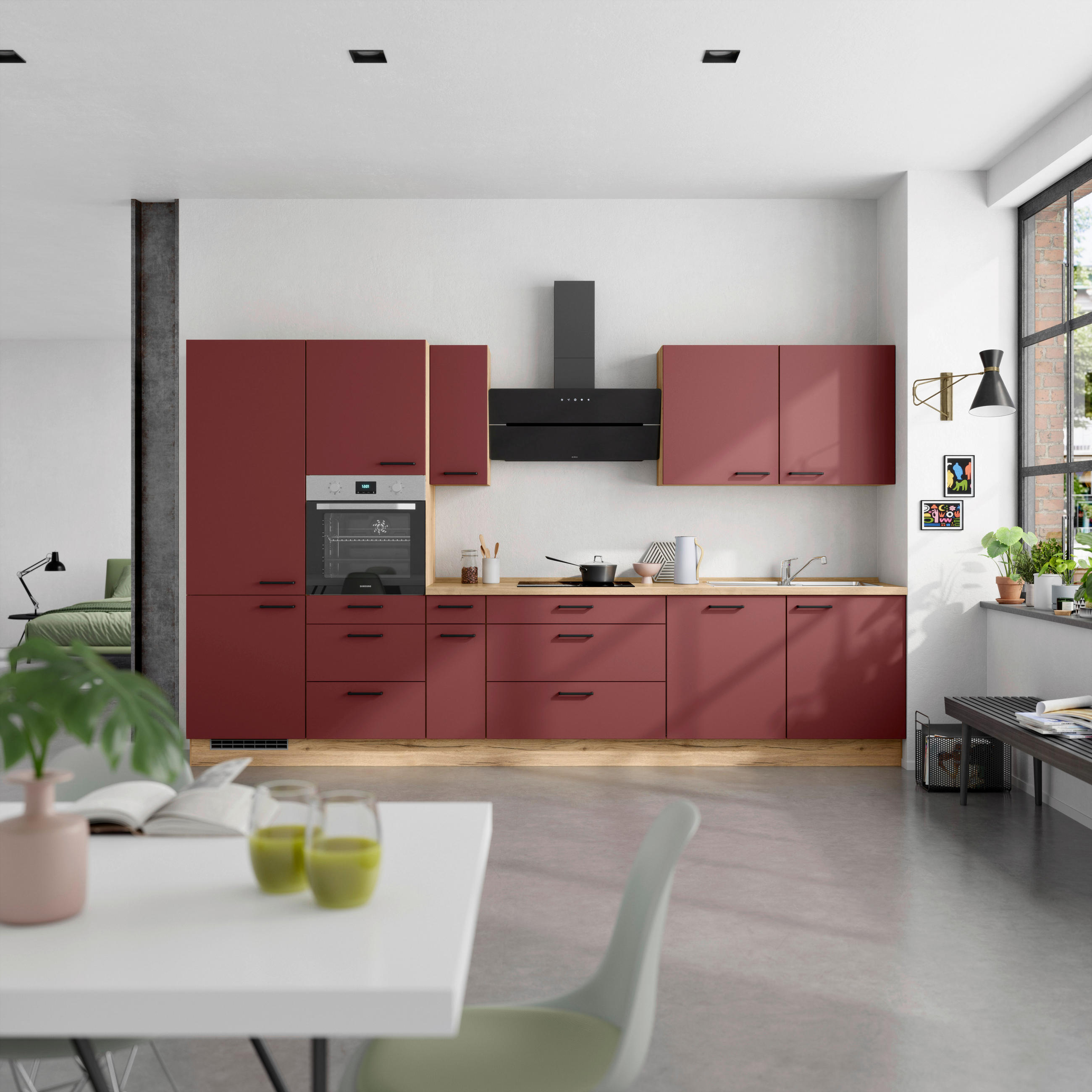 KÜCHENLEERBLOCK 360 cm   in Rot, Eichefarben  - Eichefarben/Rot, MODERN, Holzwerkstoff/Metall (360cm) - Nobilia