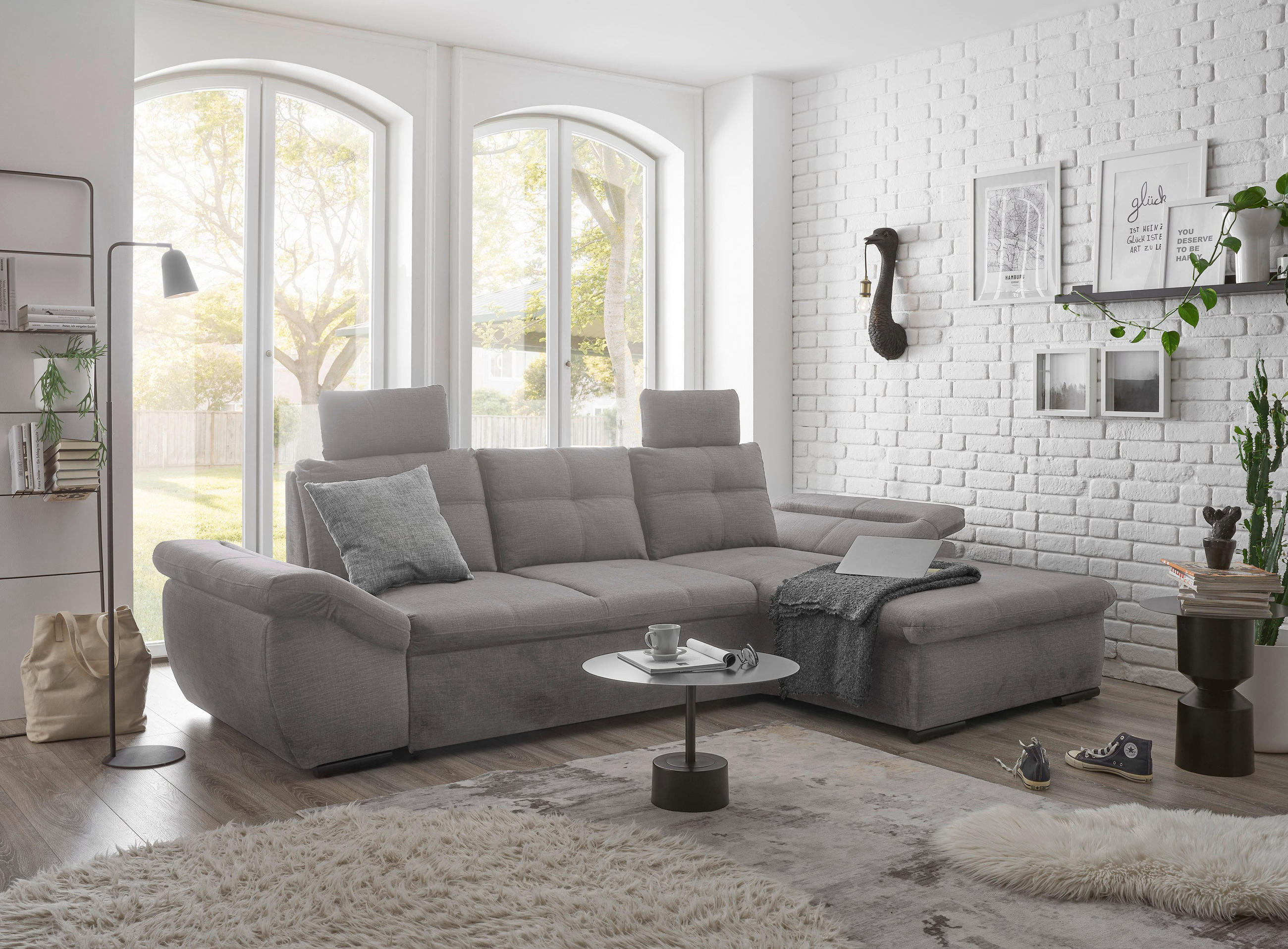 ECKSOFA in Mikrovelours Hellgrau - Hellgrau/Schwarz, KONVENTIONELL, Kunststoff/Textil (275/170cm) - Carryhome