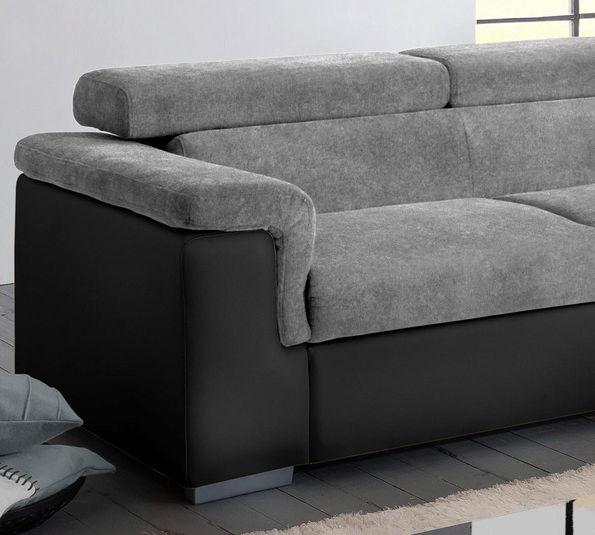 ECKSOFA Grau, Schwarz Lederlook, Flachgewebe  - Schwarz/Grau, Basics, Holz/Textil (252/217cm) - MID.YOU