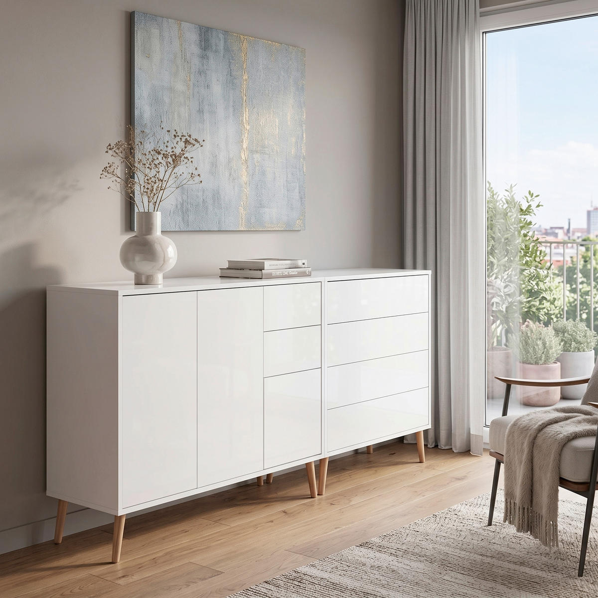 SIDEBOARD Mailand Set 9 + HF 184,5/86/33 cm 6 Schublade(n)  - Weiß Hochglanz/Weiß, MODERN, Holz/Holzwerkstoff (184,5/86/33cm) - MID.YOU