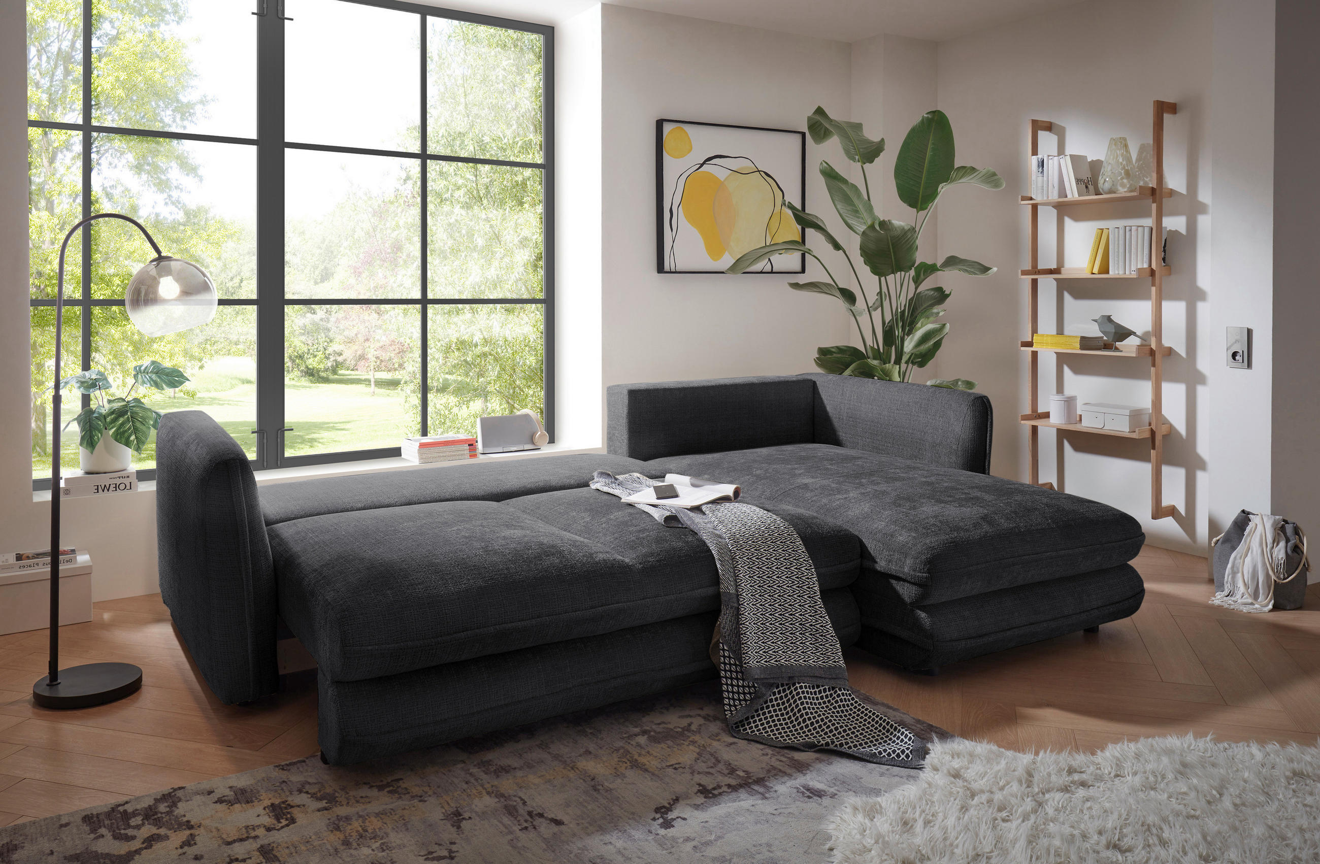 ECKSOFA in Mikrovelours Schwarz  - Schwarz, Konventionell, Kunststoff/Textil (302/192cm) - MID.YOU