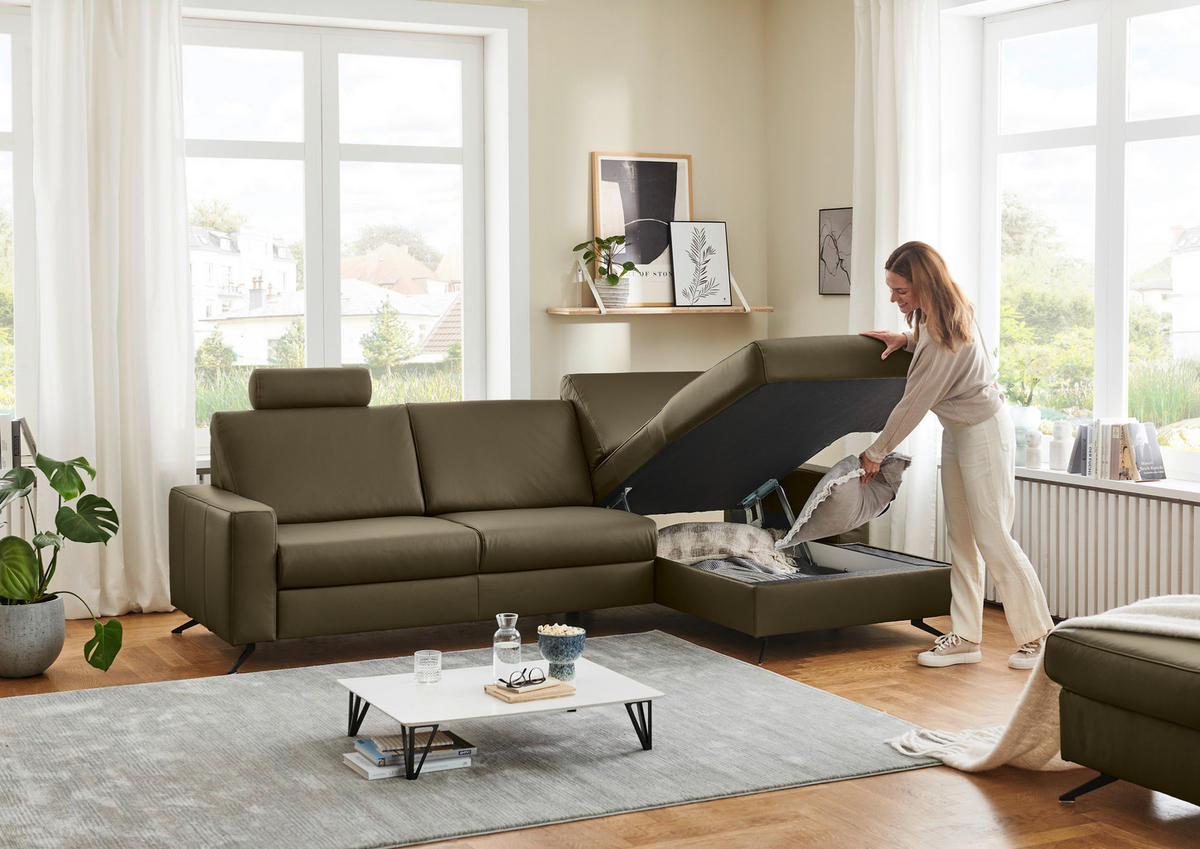 ECKSOFA Beldomo premium Opal Echtleder  - Opal/Schwarz, Design, Leder/Metall (267/165cm) - Lomoco