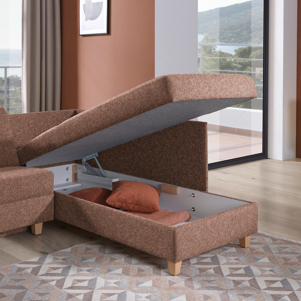 ECKSOFA  in Mikrovelours Terracotta  261/203 cm  - Eichefarben/Terracotta, KONVENTIONELL, Holz/Textil (261/203cm) - Sedda
