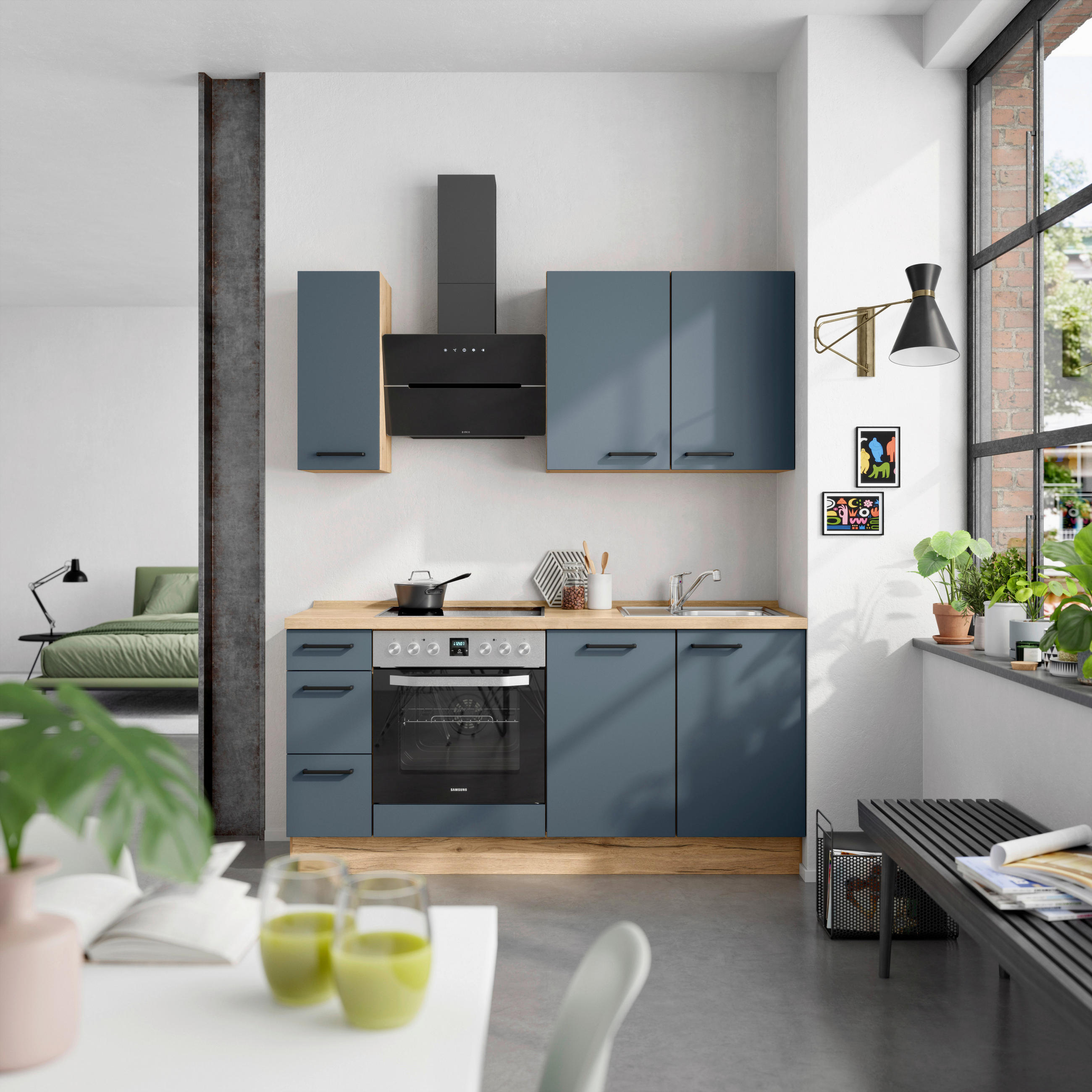 KÜCHENBLOCK 180 cm   in Eichefarben, Dunkelblau  - Eichefarben/Schwarz, MODERN, Holzwerkstoff/Metall (180cm) - Nobilia