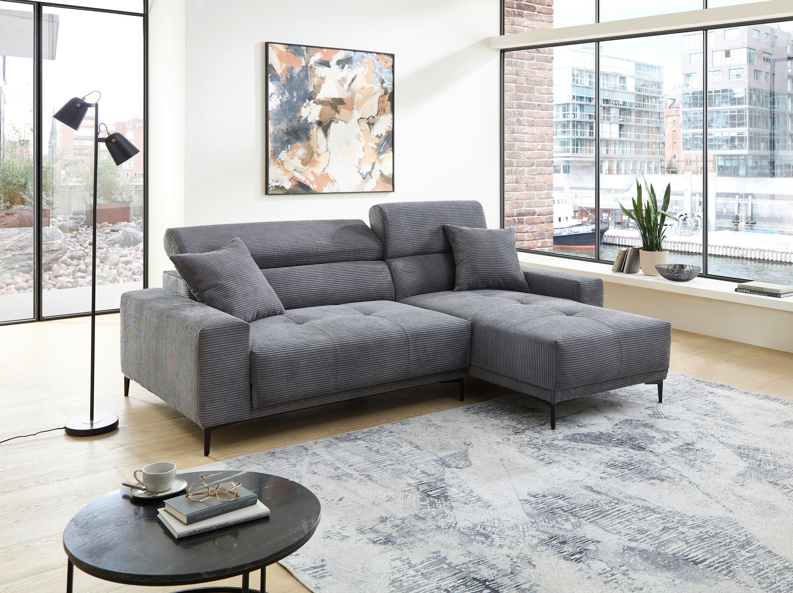 ECKSOFA Cord Grau  - Schwarz/Grau, Basics, Textil/Metall (250/183cm) - Livetastic