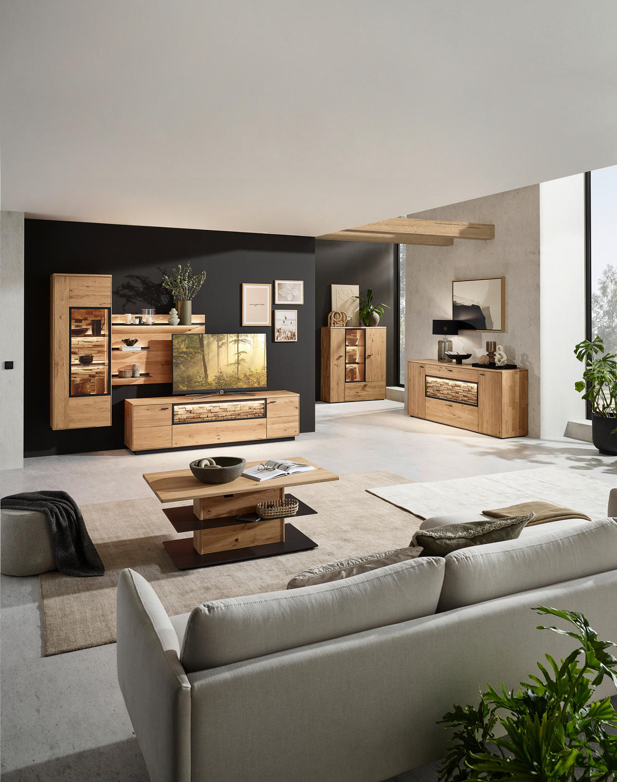 WOHNWAND  in Wildeiche  293,8/207,1/37,1 cm  - Wildeiche/Graphitfarben, Natur, Glas/Holz (293,8/207,1/37,1cm) - Valnatura