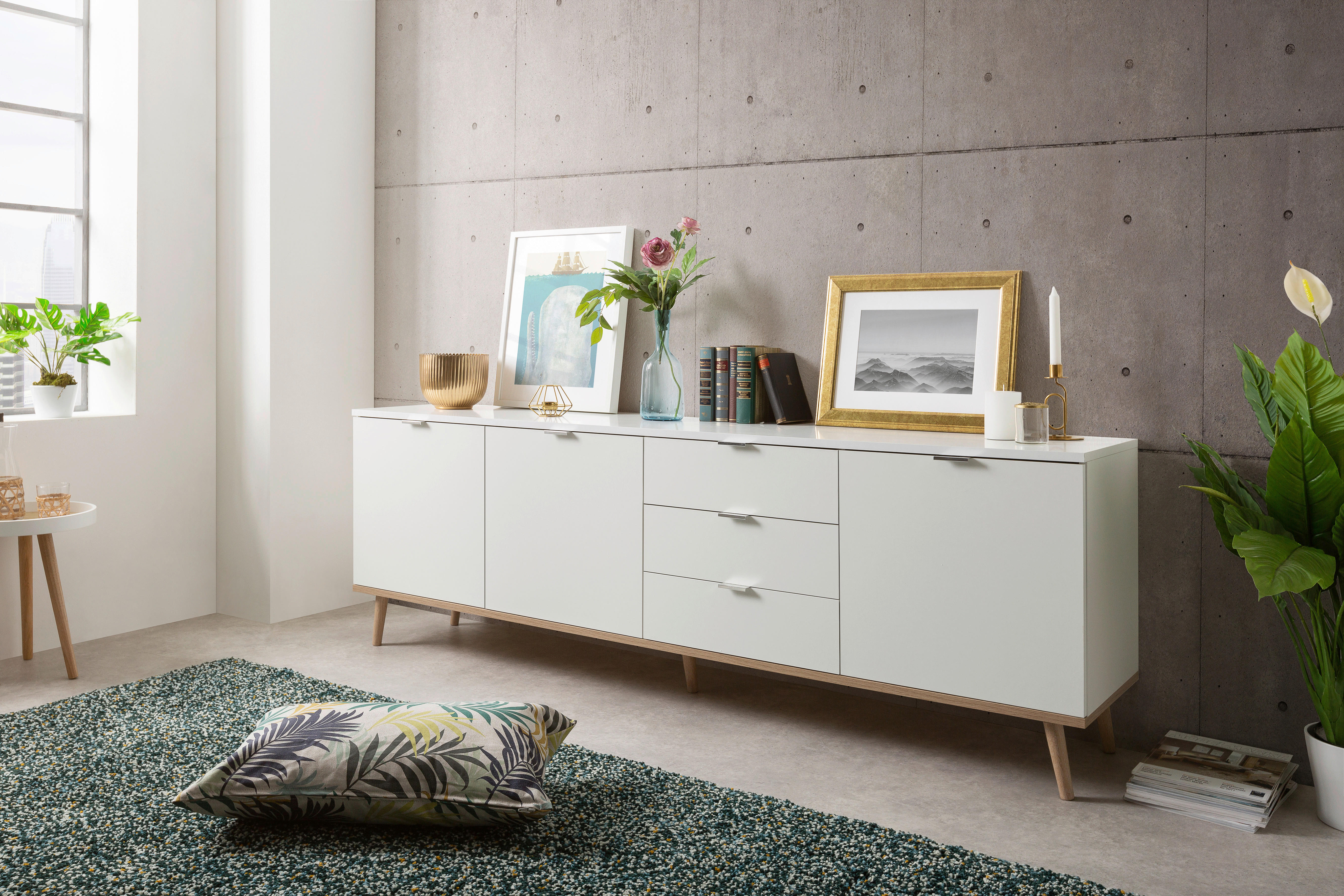 SIDEBOARD 200/68/40 cm  - vit/Sonoma ek, Klassisk, metall/trämaterial (200/68/40cm) - MID.YOU