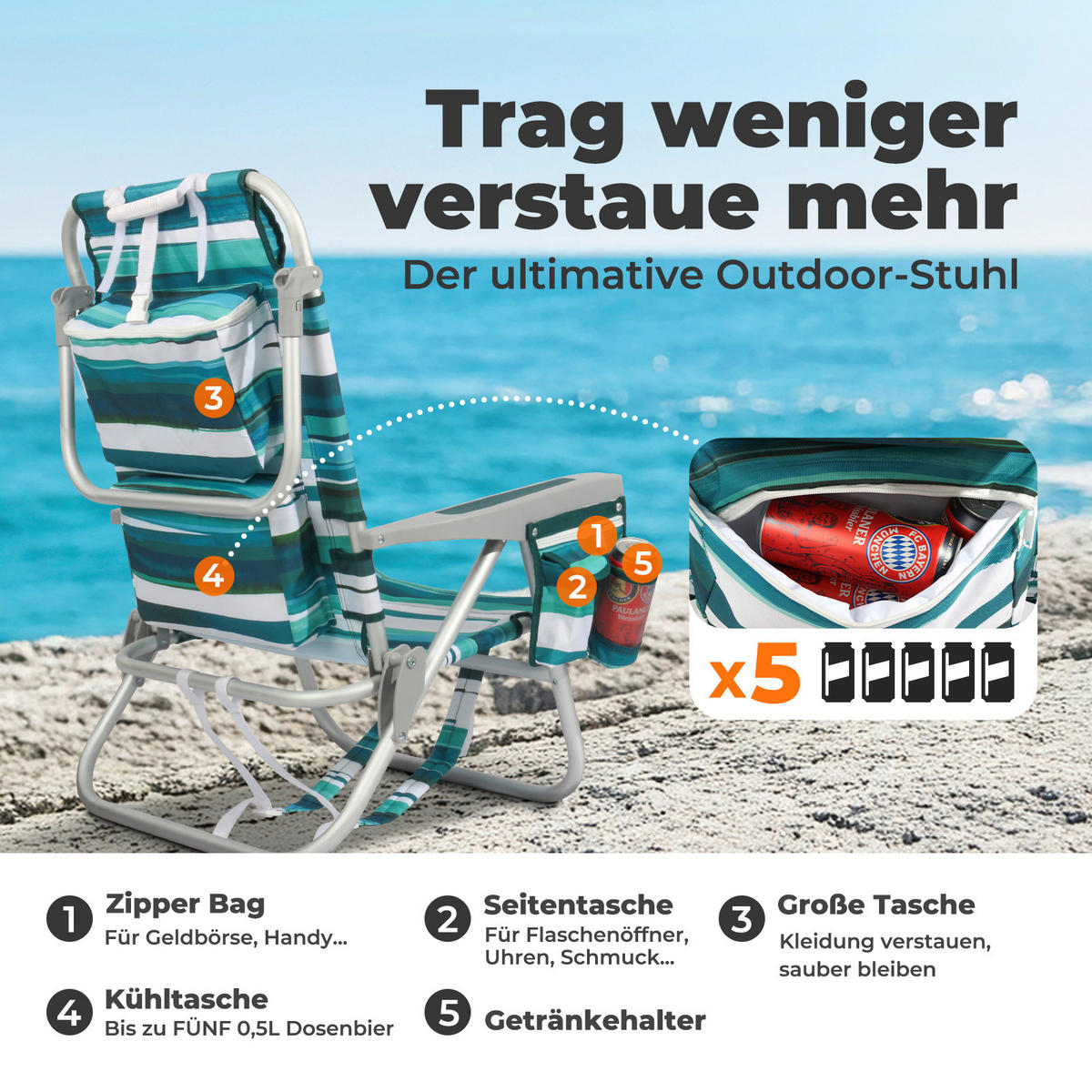 STRANDSTUHL-SET Aluminium Türkis, Grün, Silberfarben  - Türkis/Silberfarben, Basics, Textil/Metall (57/80/61cm) - Modante
