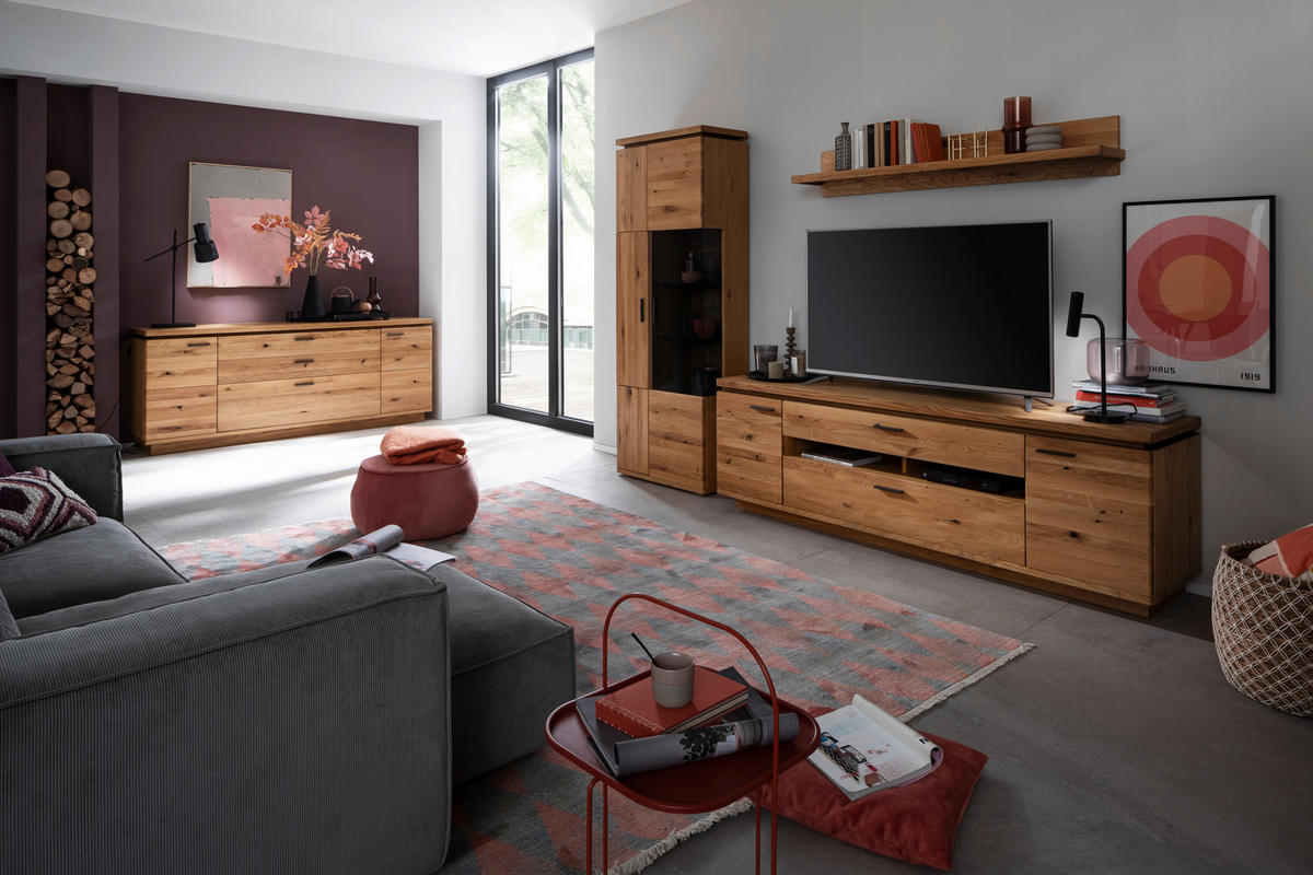 WOHNWAND 3-teilig  Eichefarben 300/204/50 cm  LED-Leuchtmittel   - Eichefarben/Schwarz, Natur, Glas/Holz (300/204/50cm) - Linea Natura