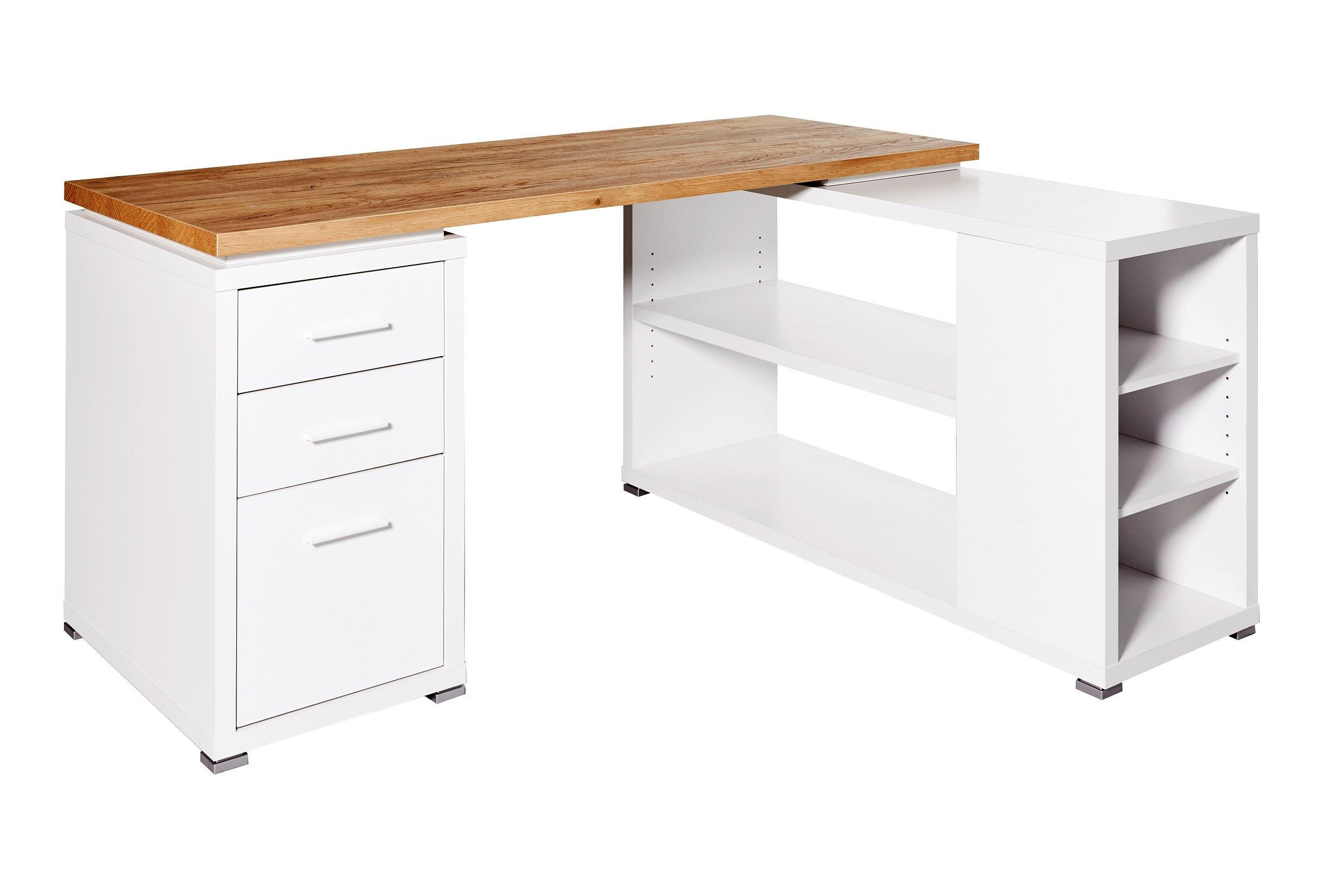 Eckschreibtisch in Weiß, Eichefarben